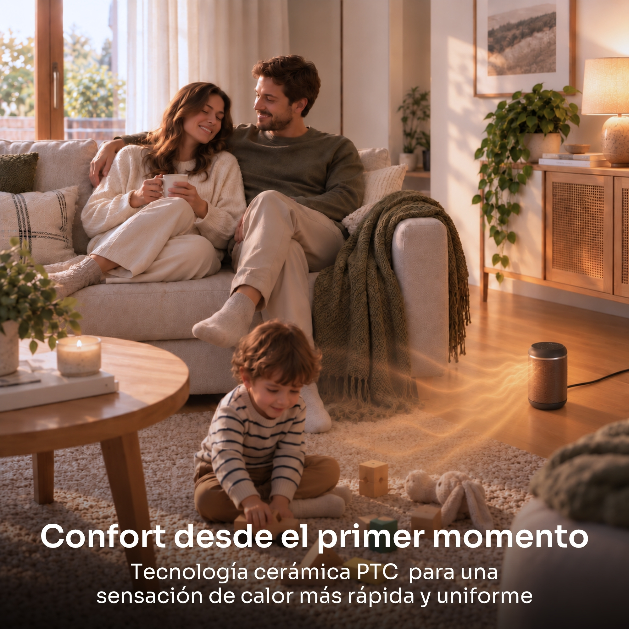 Una familia en una sala acogedora con un calefactor cerámico portátil en el suelo.