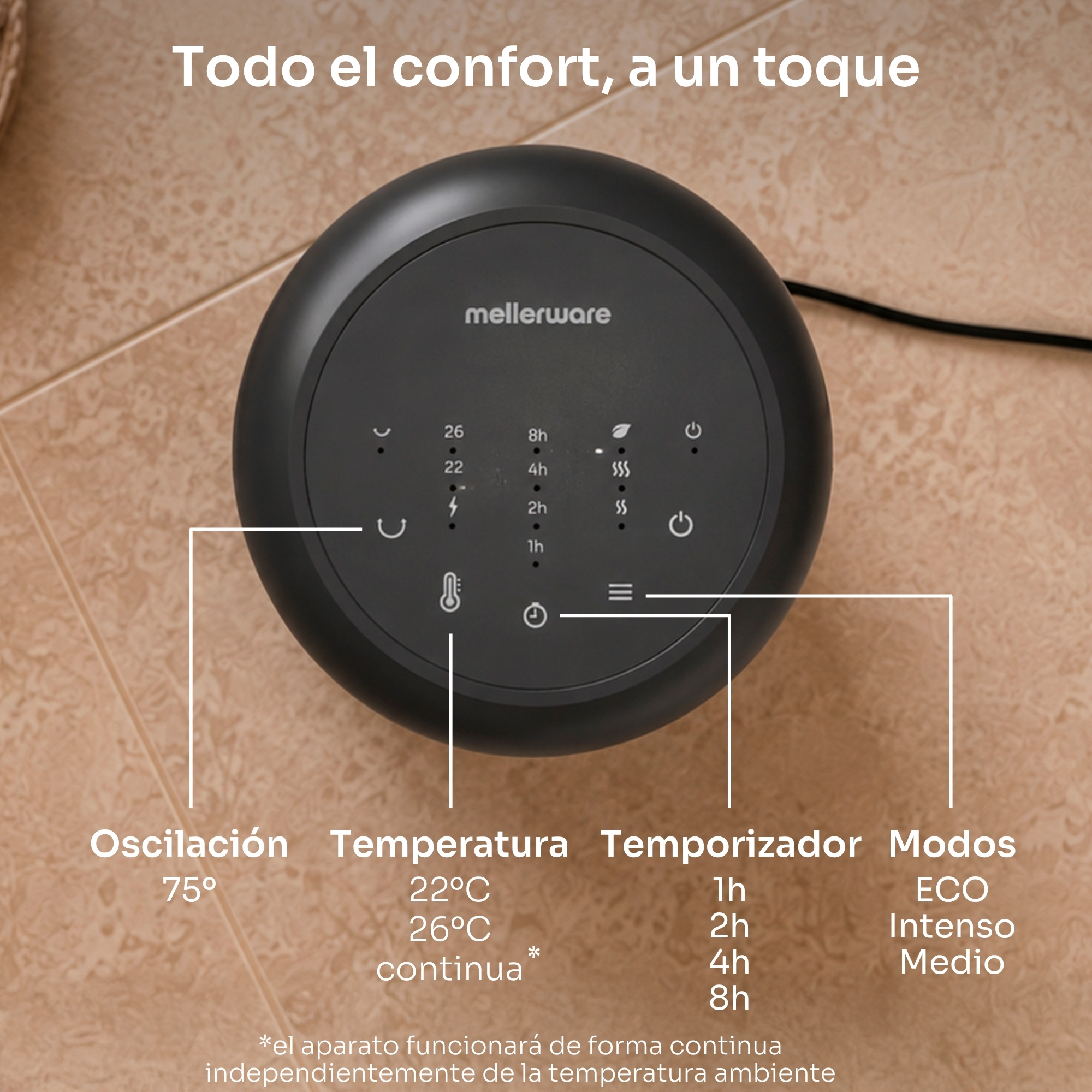 Vista superior de un calefactor Mellerware negro redondo con panel de control y texto en suelo de baldosas.