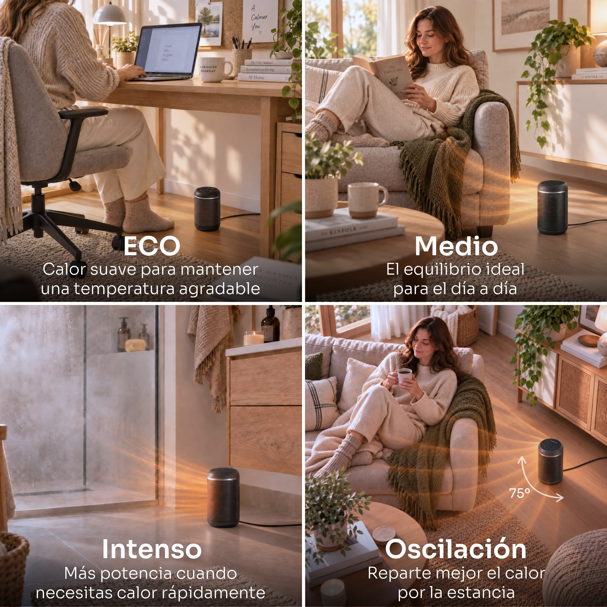 Un pequeño calefactor negro en cuatro hogares mostrando sus modos eco, medio, intenso y oscilación.