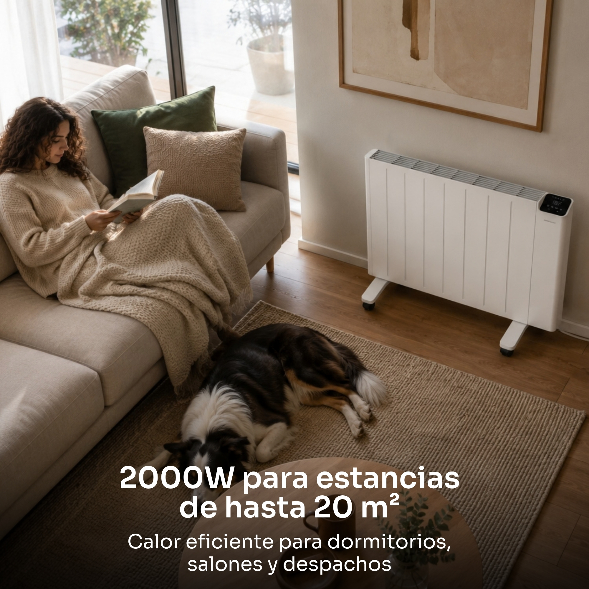 Mujer leyendo en un sofá con un perro en la alfombra y un radiador eléctrico en la pared.