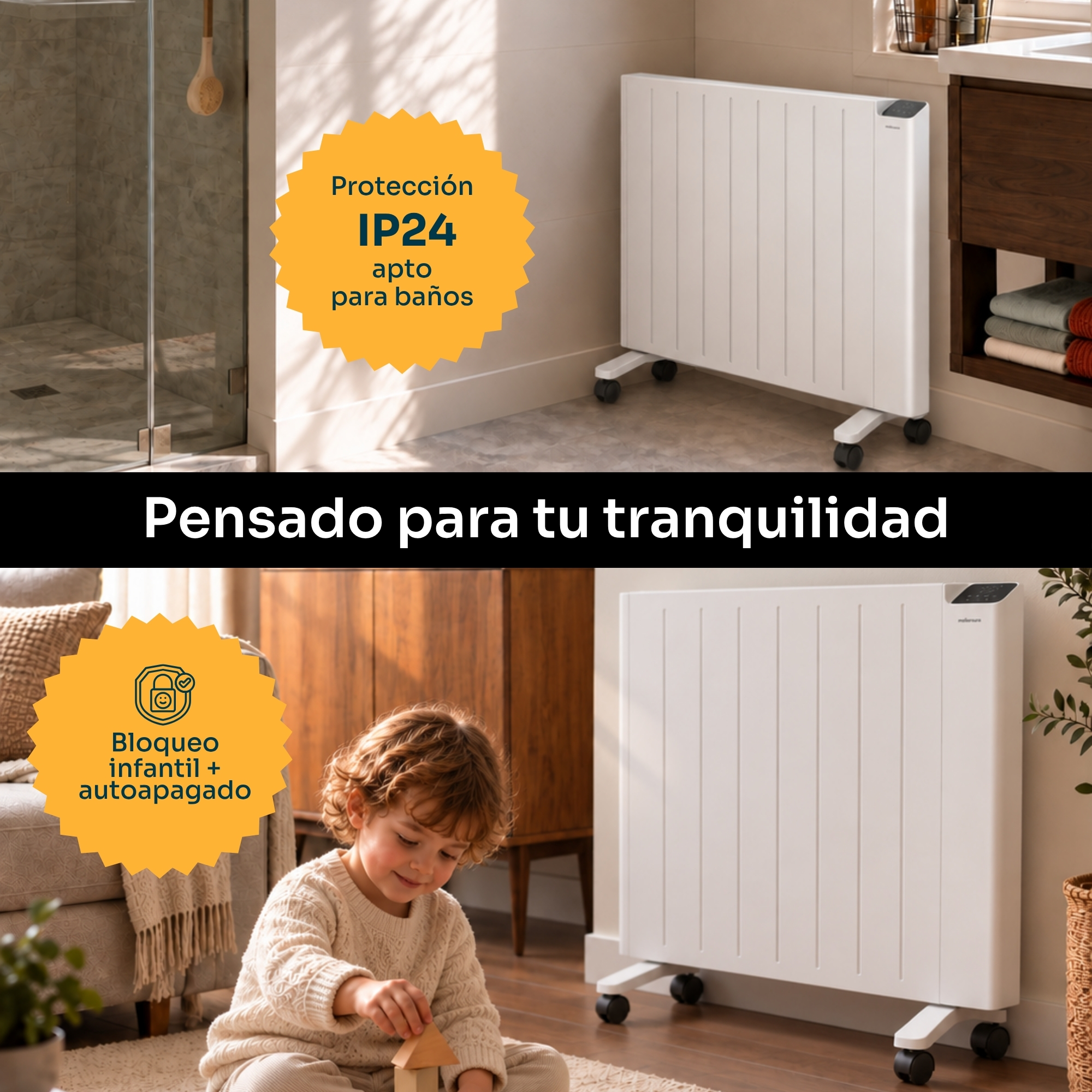 Radiador electrico blanco con ruedas en un bano y una sala de estar con un nino jugando.