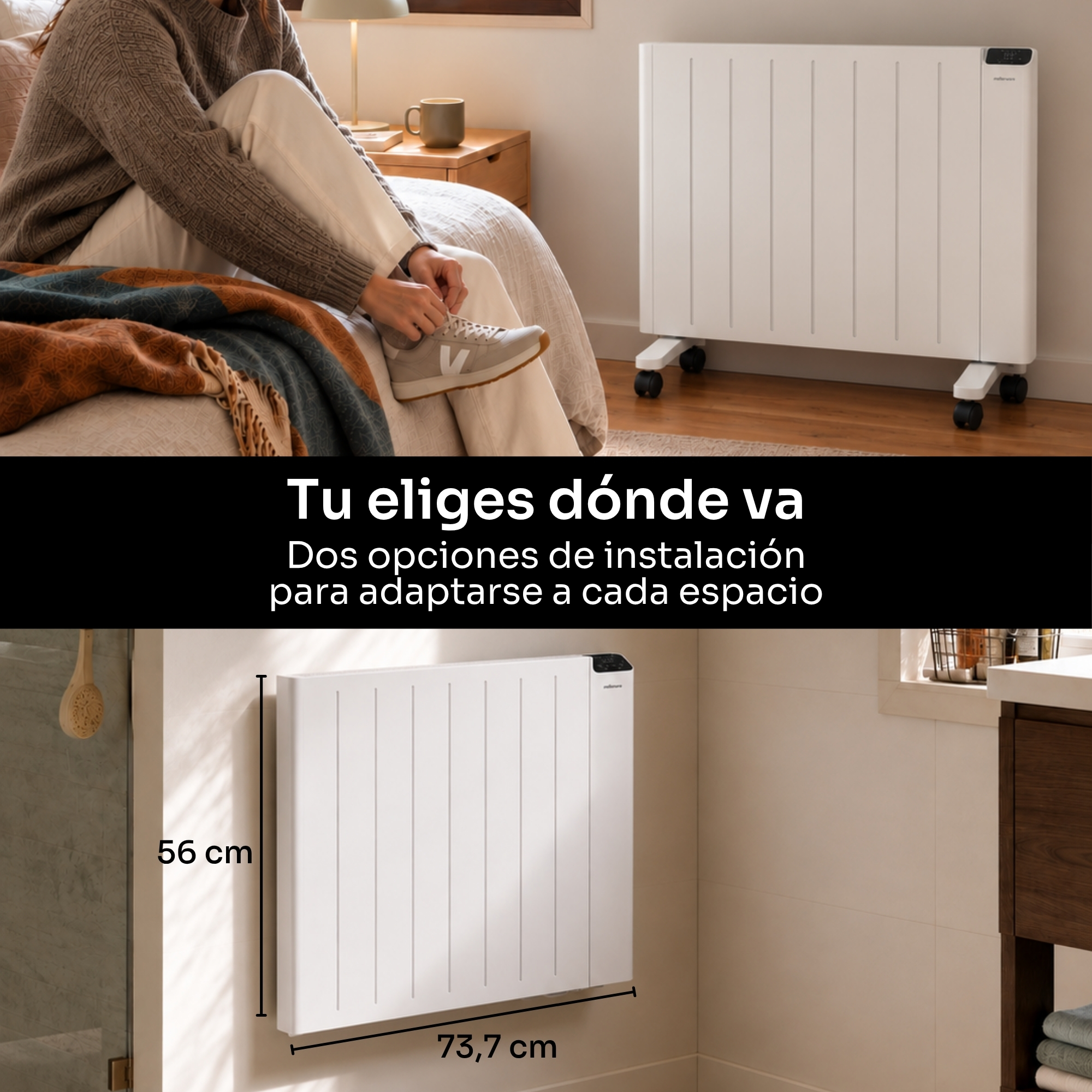 Dos imágenes muestran un radiador blanco: uno con ruedas en un dormitorio y otro montado en la pared con medidas.