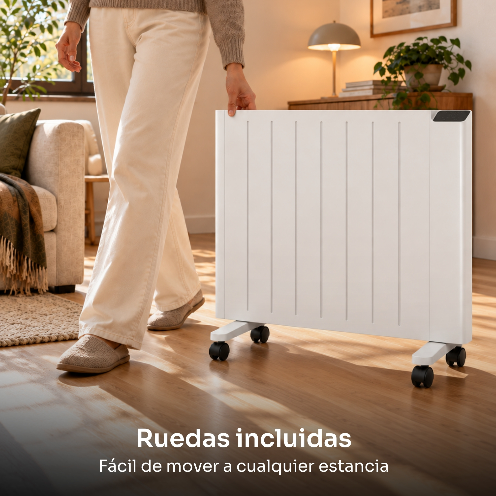 Una persona mueve un calefactor con ruedas en un suelo de madera en una sala de estar.