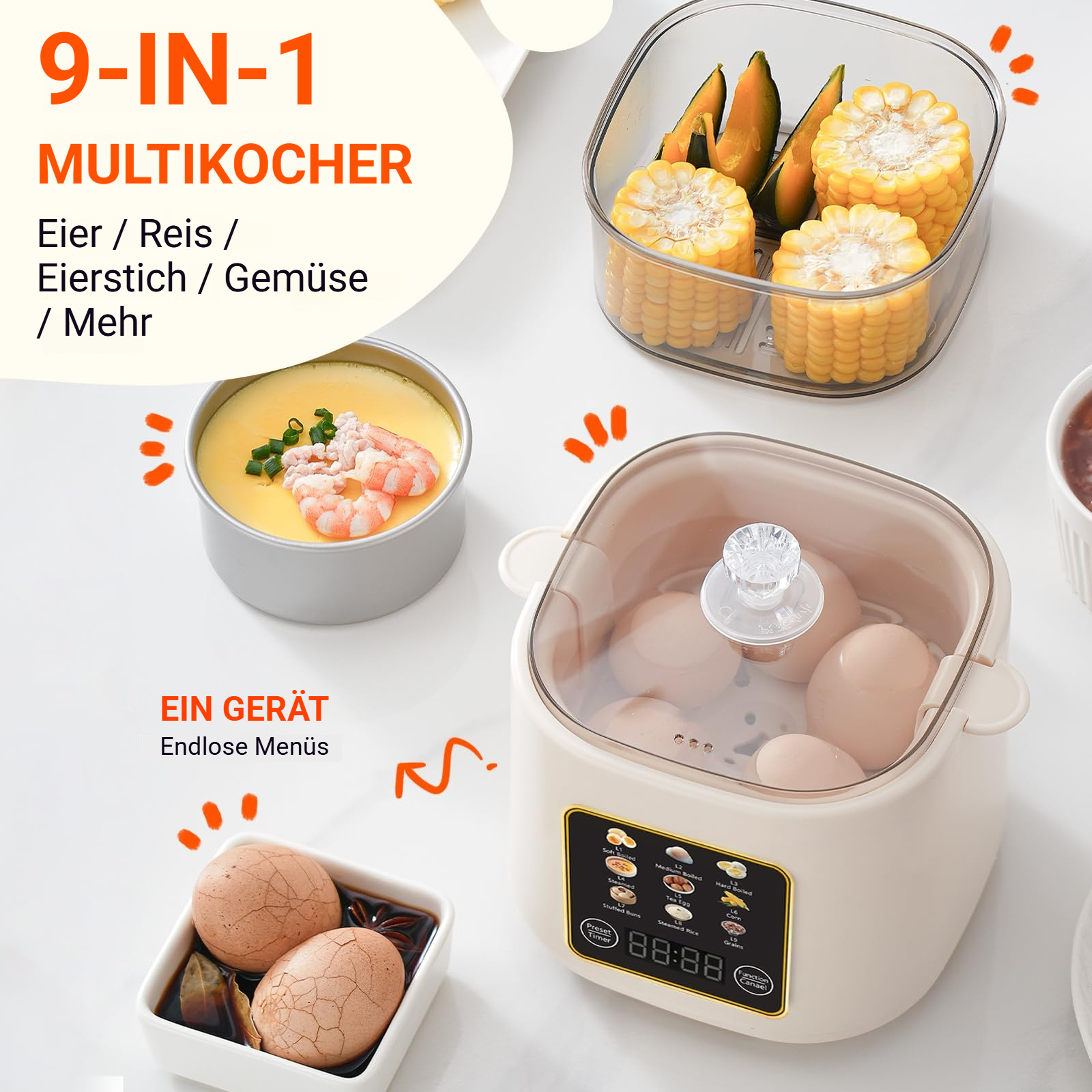 Ein beiger 9-in-1-Multikocher kocht Eier, Mais und herzhafte Gerichte, mit Textoverlay.