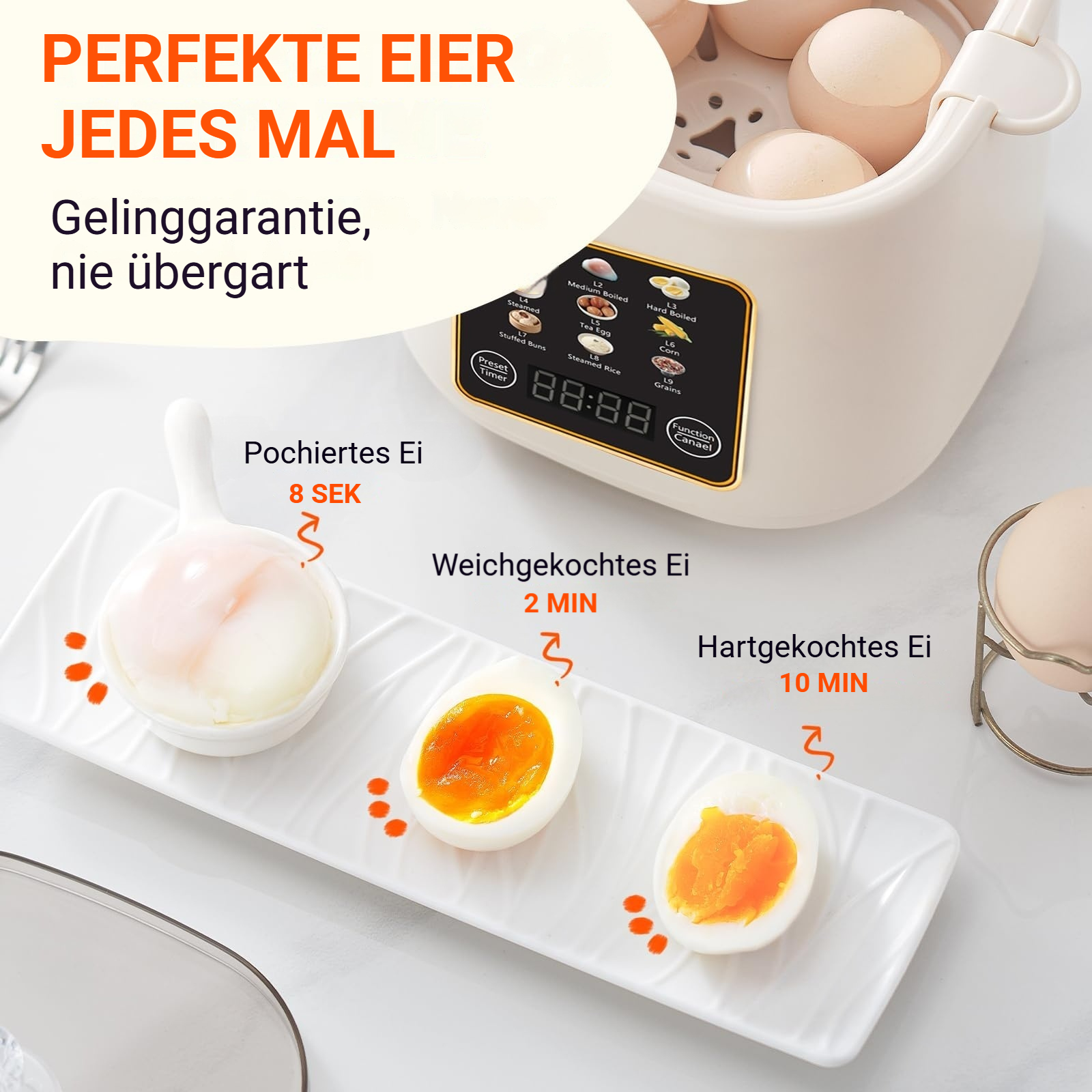 Ein weißer Eierkocher und verschiedene Eierzubereitungen auf einem Teller.