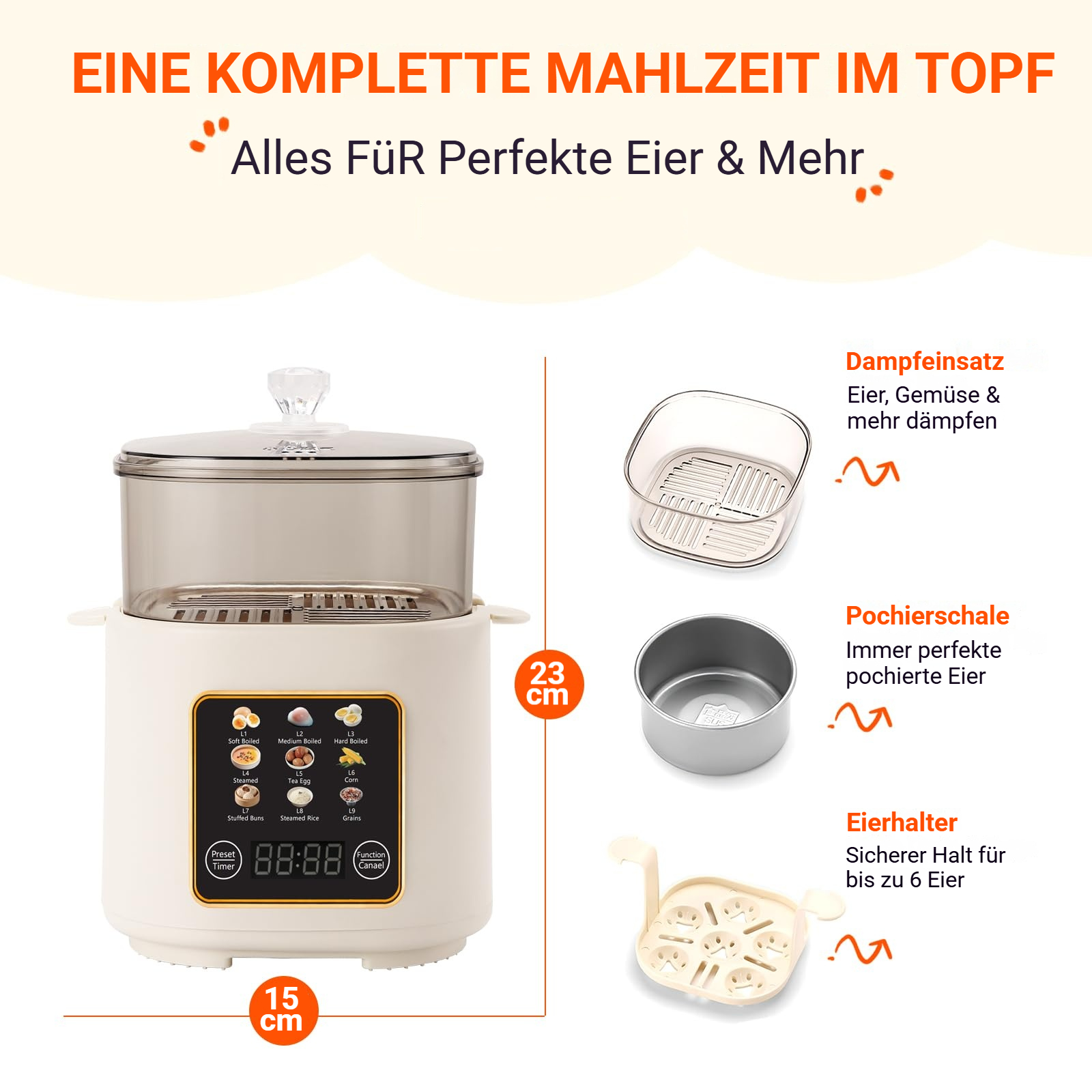 Werbebild eines elektrischen Eierkochers mit Zubehör, Abmessungen und deutscher Beschriftung.