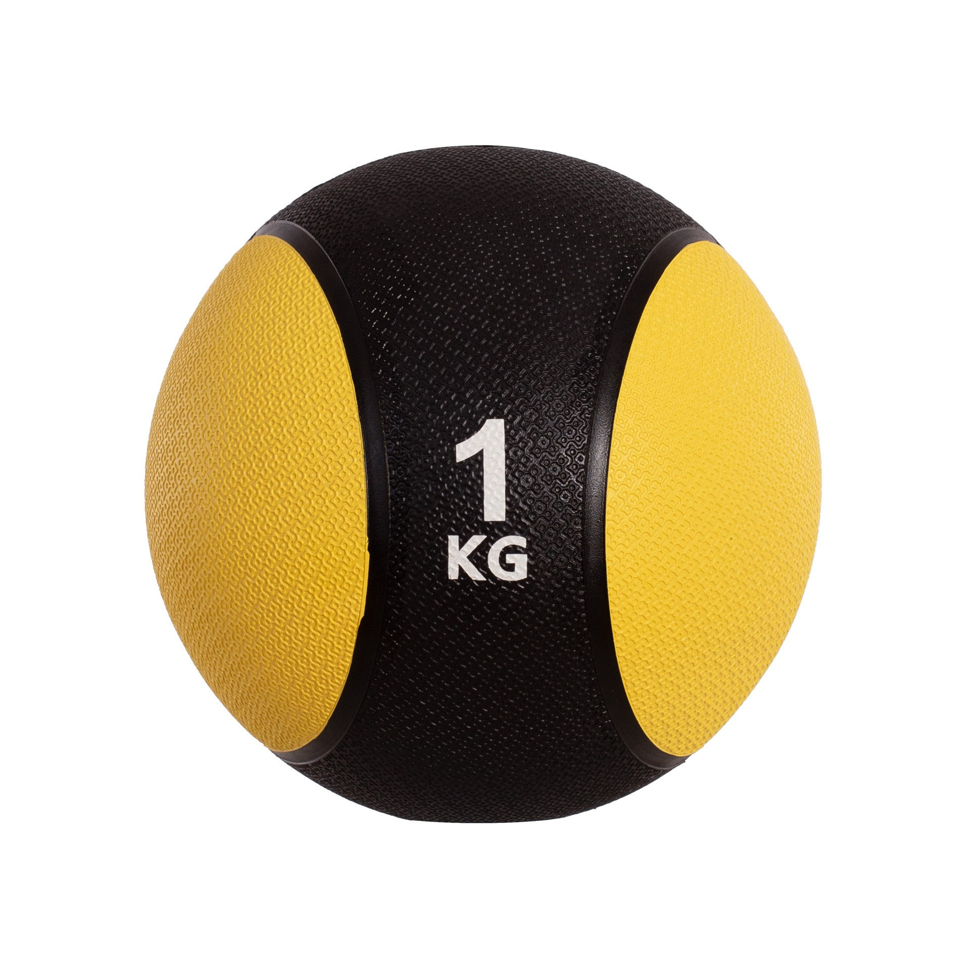 Un balón medicinal negro y amarillo con un peso de 1 kg sobre fondo blanco.