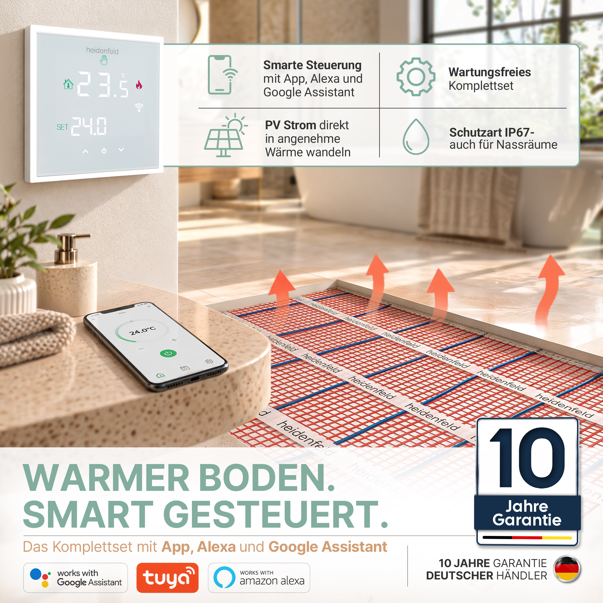 Intelligente Fußbodenheizung mit App-Steuerung und Thermostat, in einem Badezimmer.