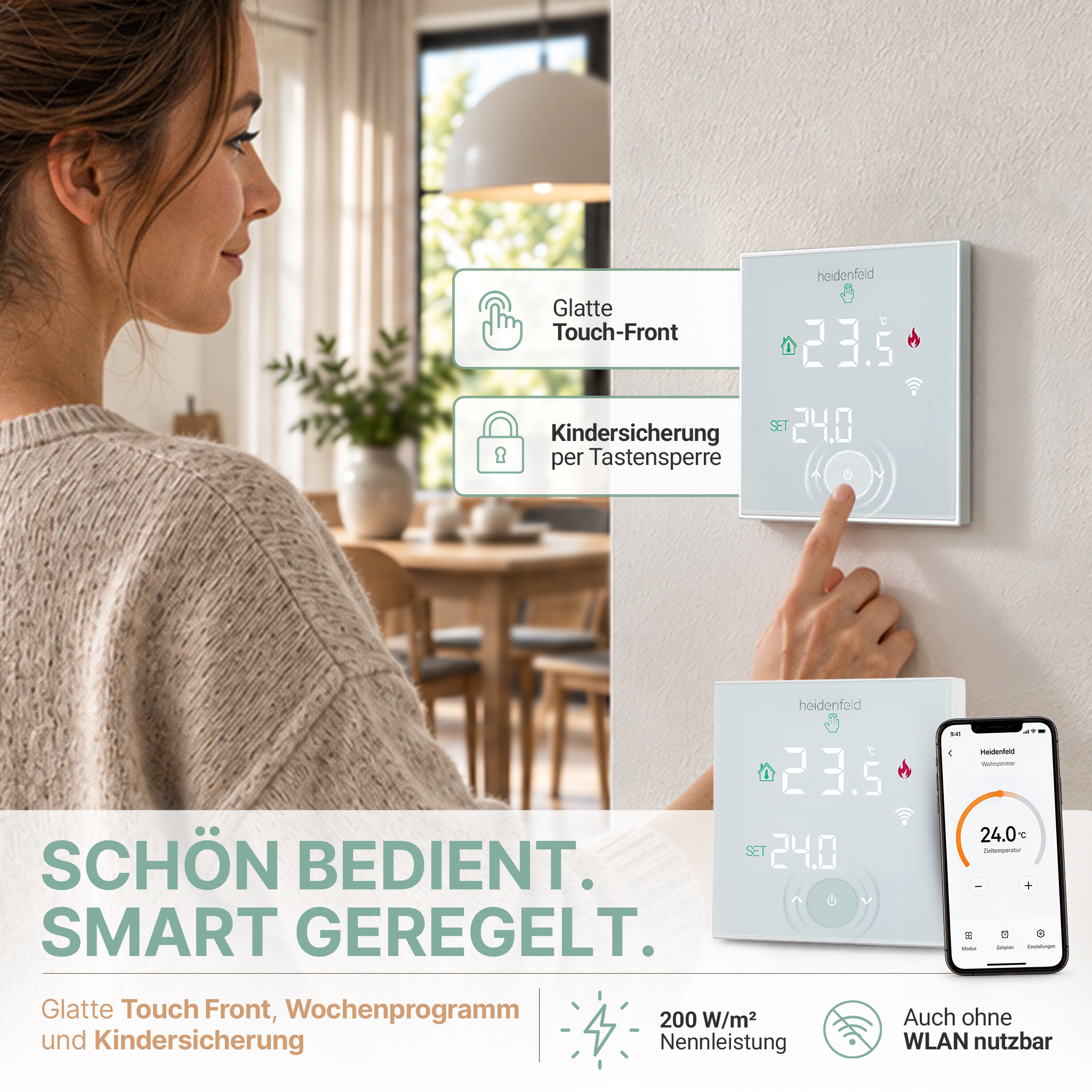 Eine Frau bedient ein weißes Smart-Thermostat an der Wand mit dem Finger.
