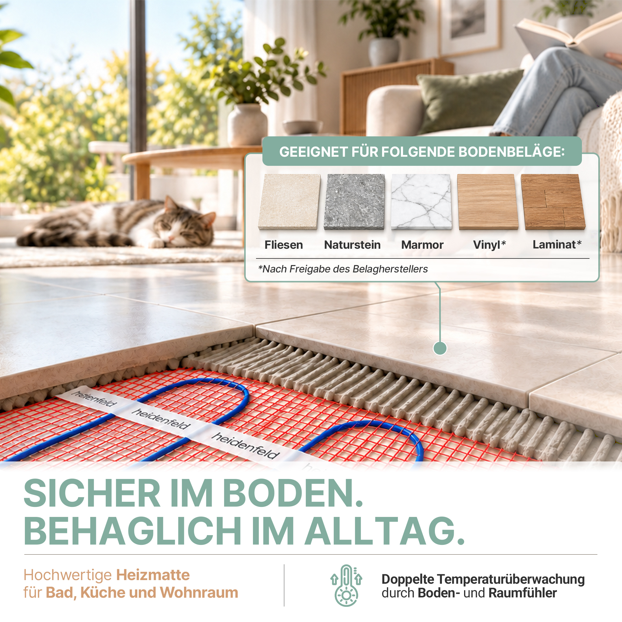 Unterflur-Heizmatte unter Fliesen in einem Wohnzimmer mit Katze und Text für verschiedene Bodenbeläge.
