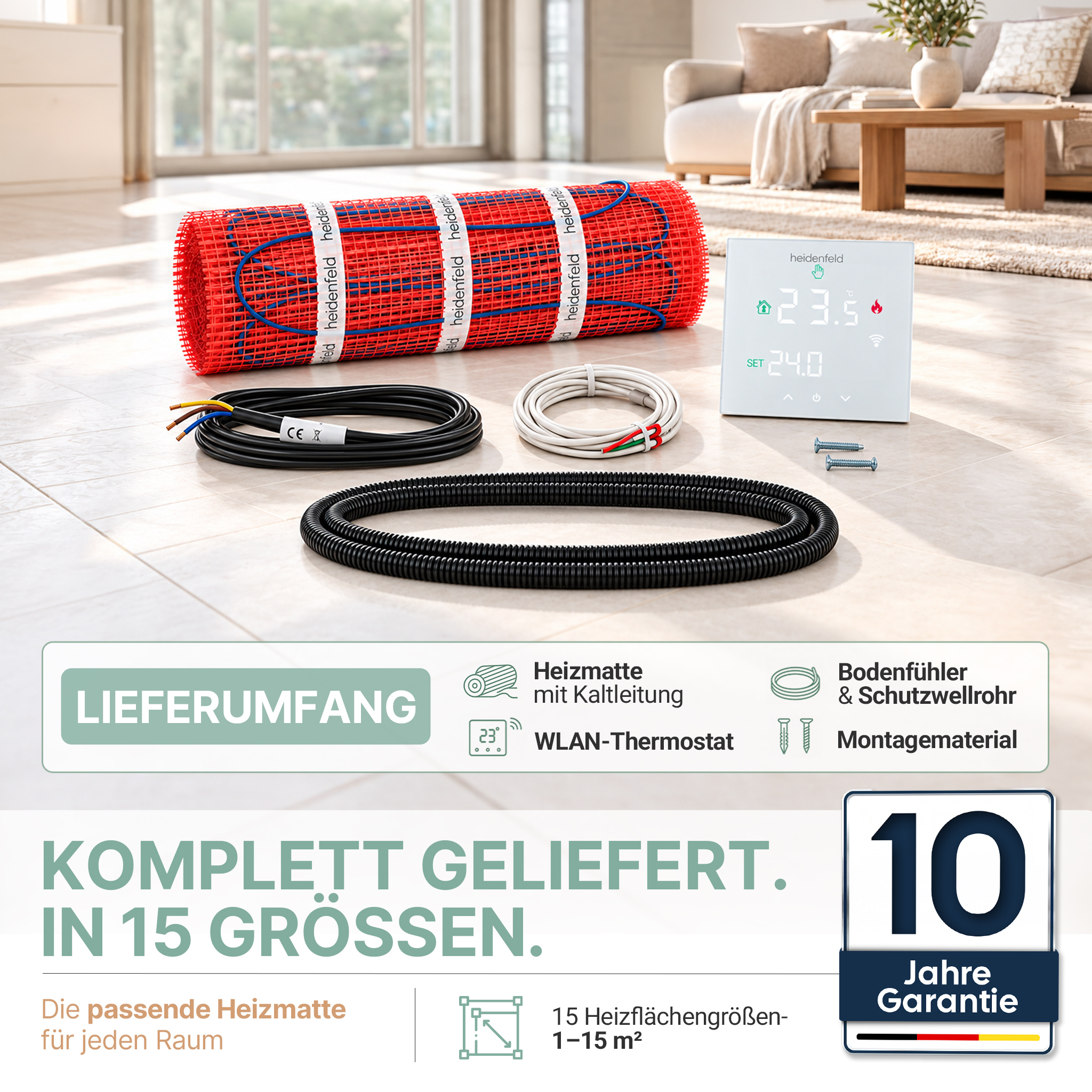 Heizmatte, Thermostat, Kabel, Rohre und Montagematerial auf hellem Boden, mit Texten und 10 Jahren Garantie.