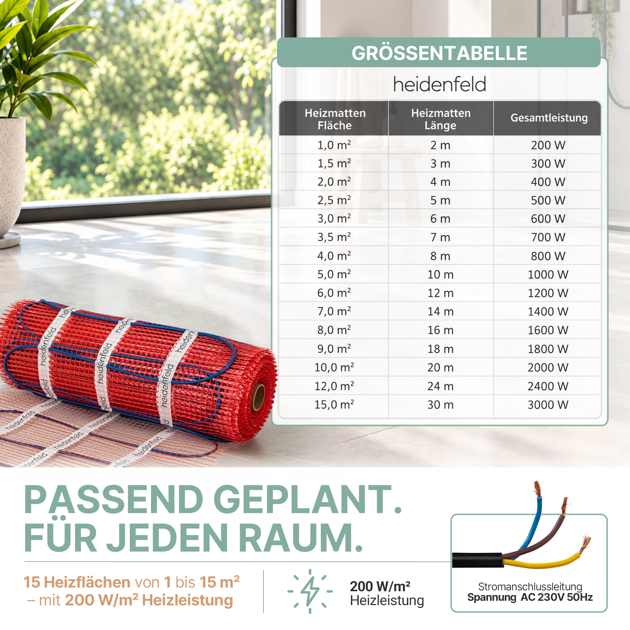 Eine Größentabelle für Heizmatten und eine rote Heizmatte auf dem Boden in einem modernen Zimmer.