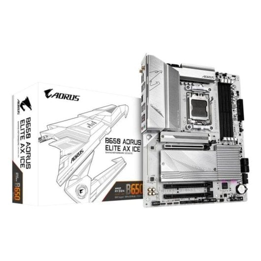 Scheda madre Gigabyte B650 Aorus Elite AX Ice accanto alla scatola bianca su sfondo bianco.