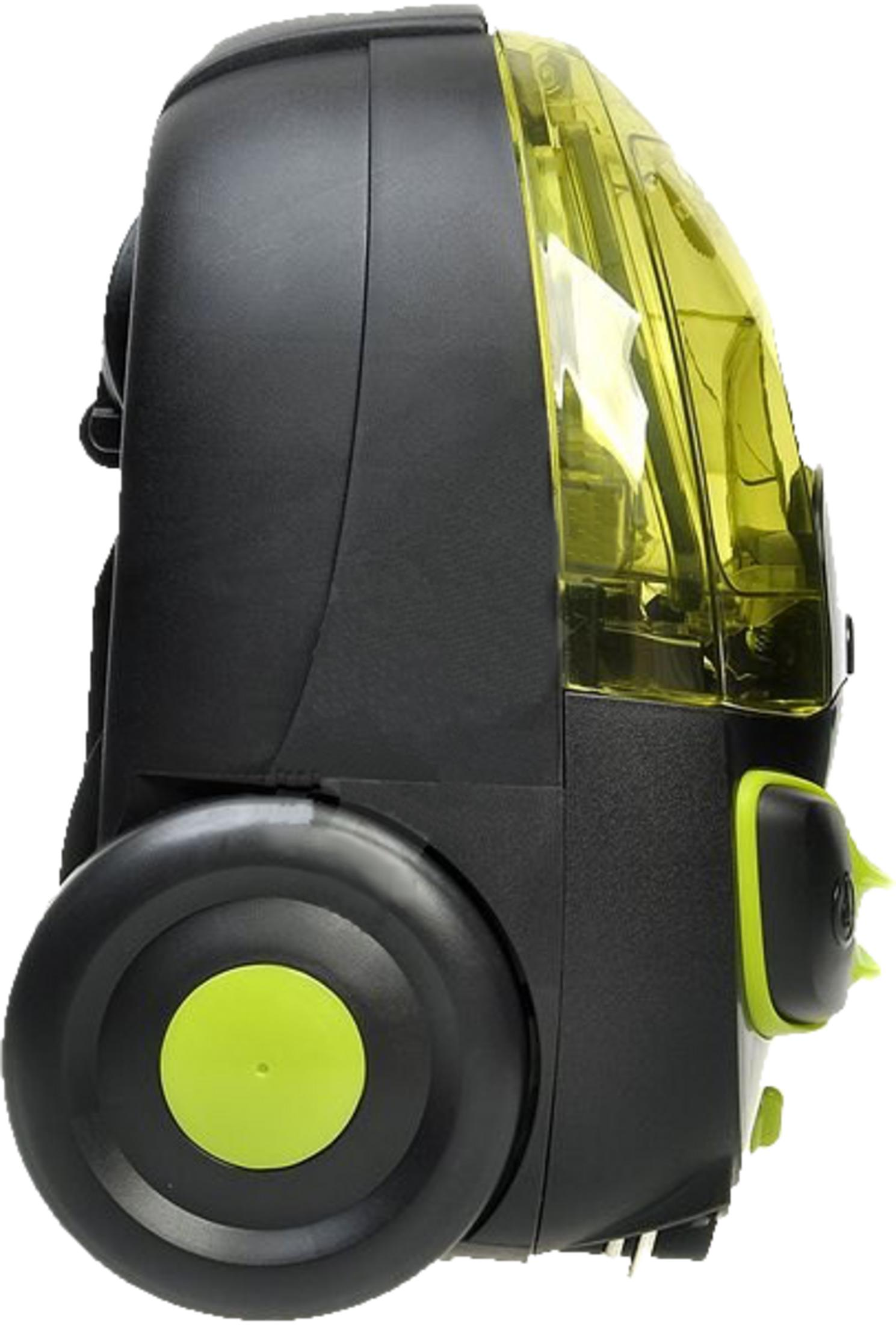 Un aspirateur noir et jaune vu de profil sur fond blanc.