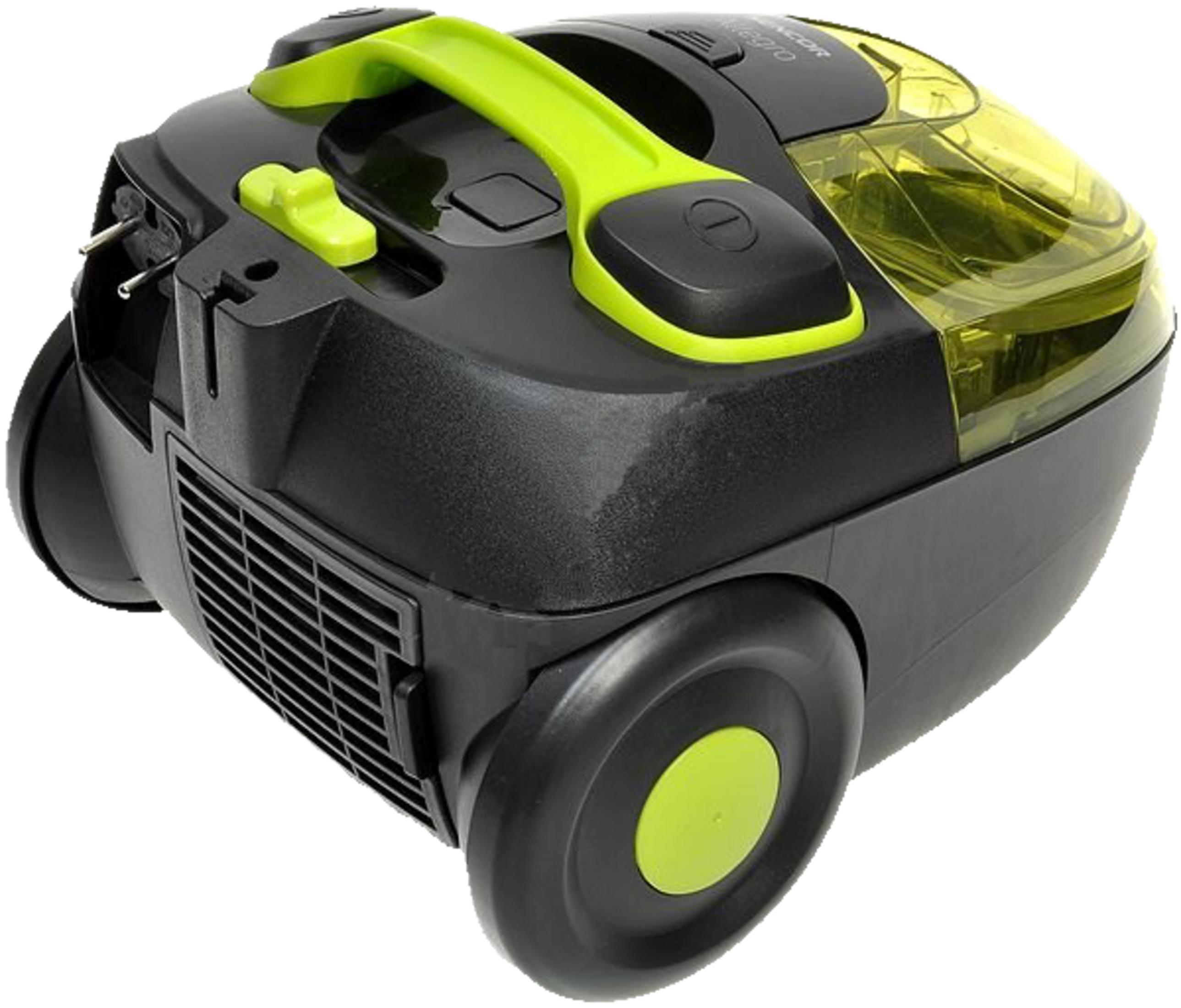 Un aspirateur noir et vert néon avec un bac à poussière translucide sur fond blanc.