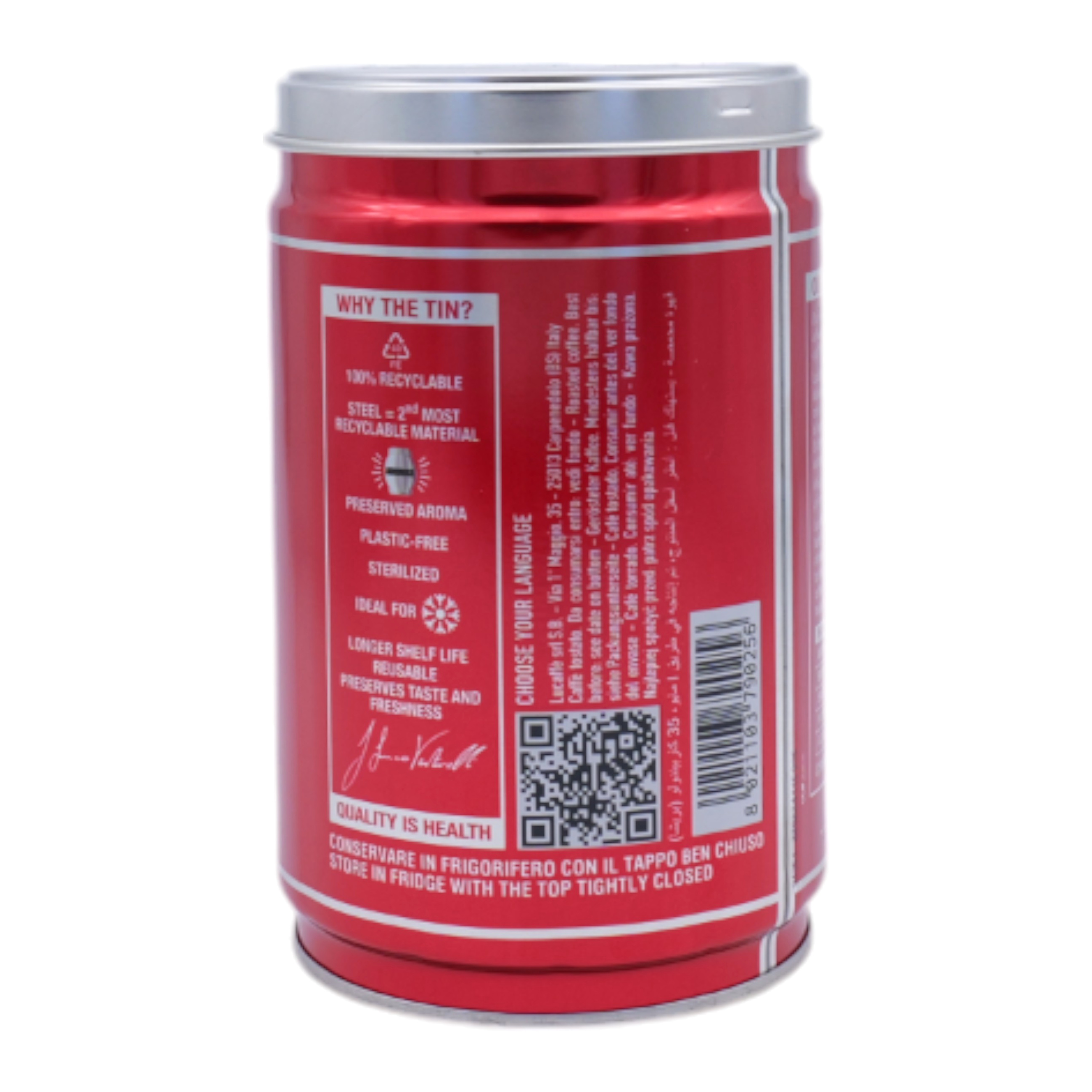 Rote zylindrische Kaffeedose mit weißem Text, Recycling-Symbolen und Barcode auf weißem Hintergrund.