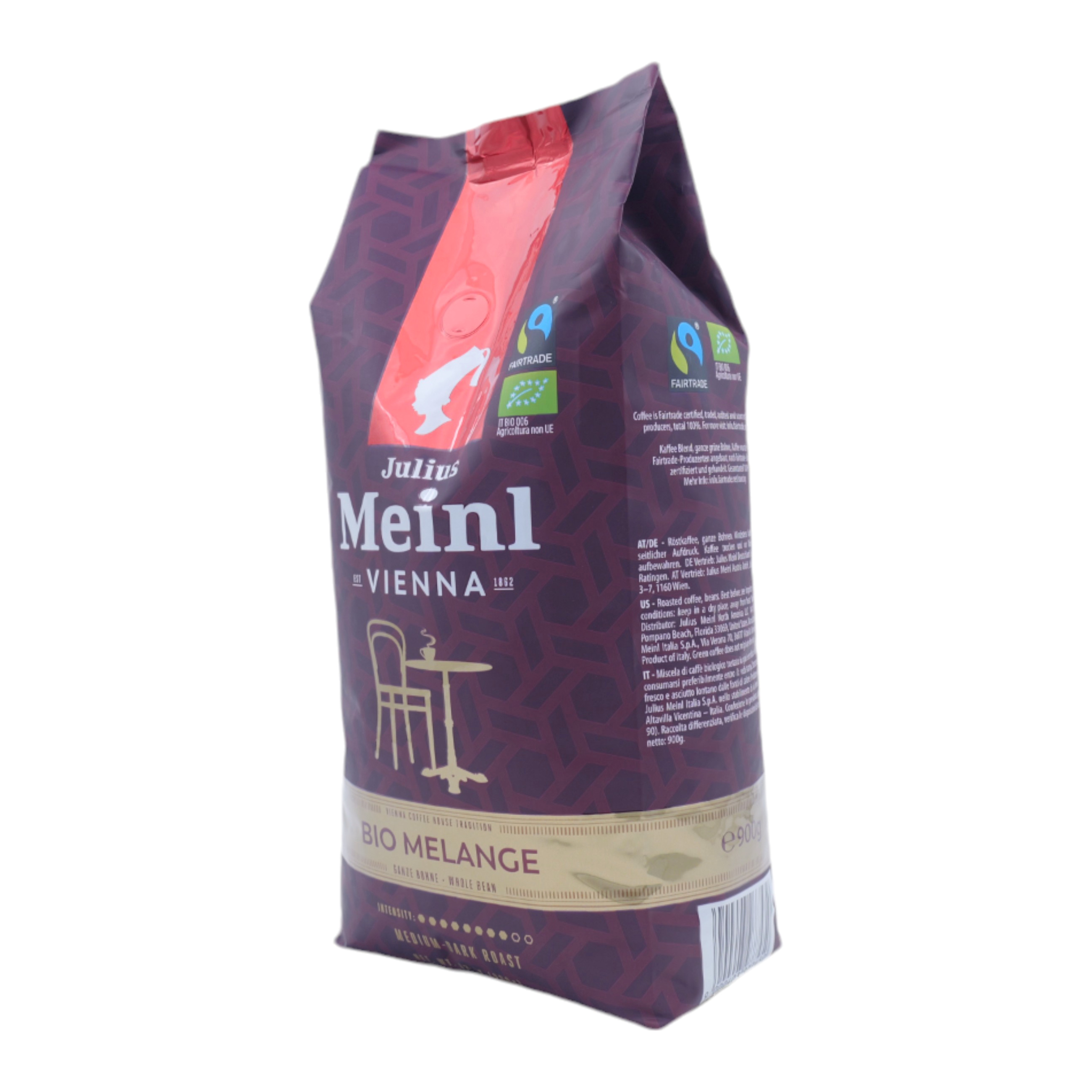 Sacchetto di caffè viola di Julius Meinl etichettato Bio Melange con logo sedia.
