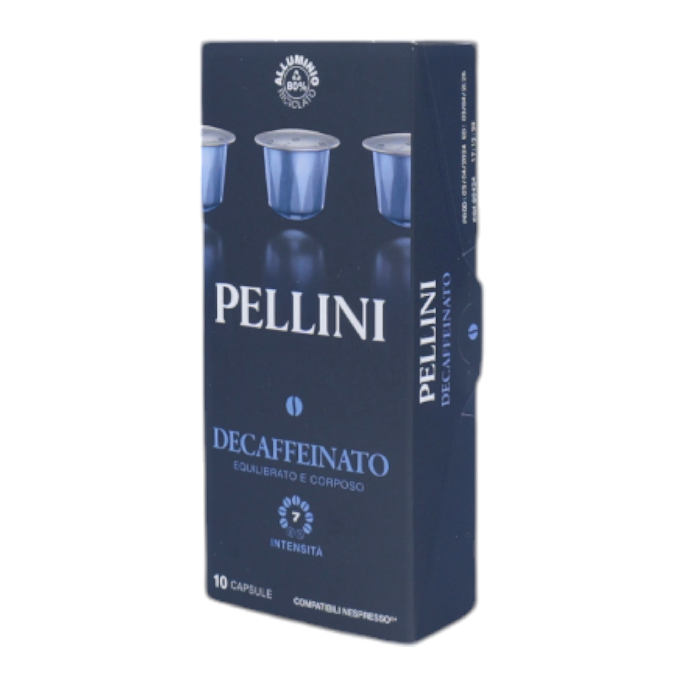 Eine dunkelblaue Pellini Decaffeinato Kaffeekapselverpackung für 10 Kapseln.