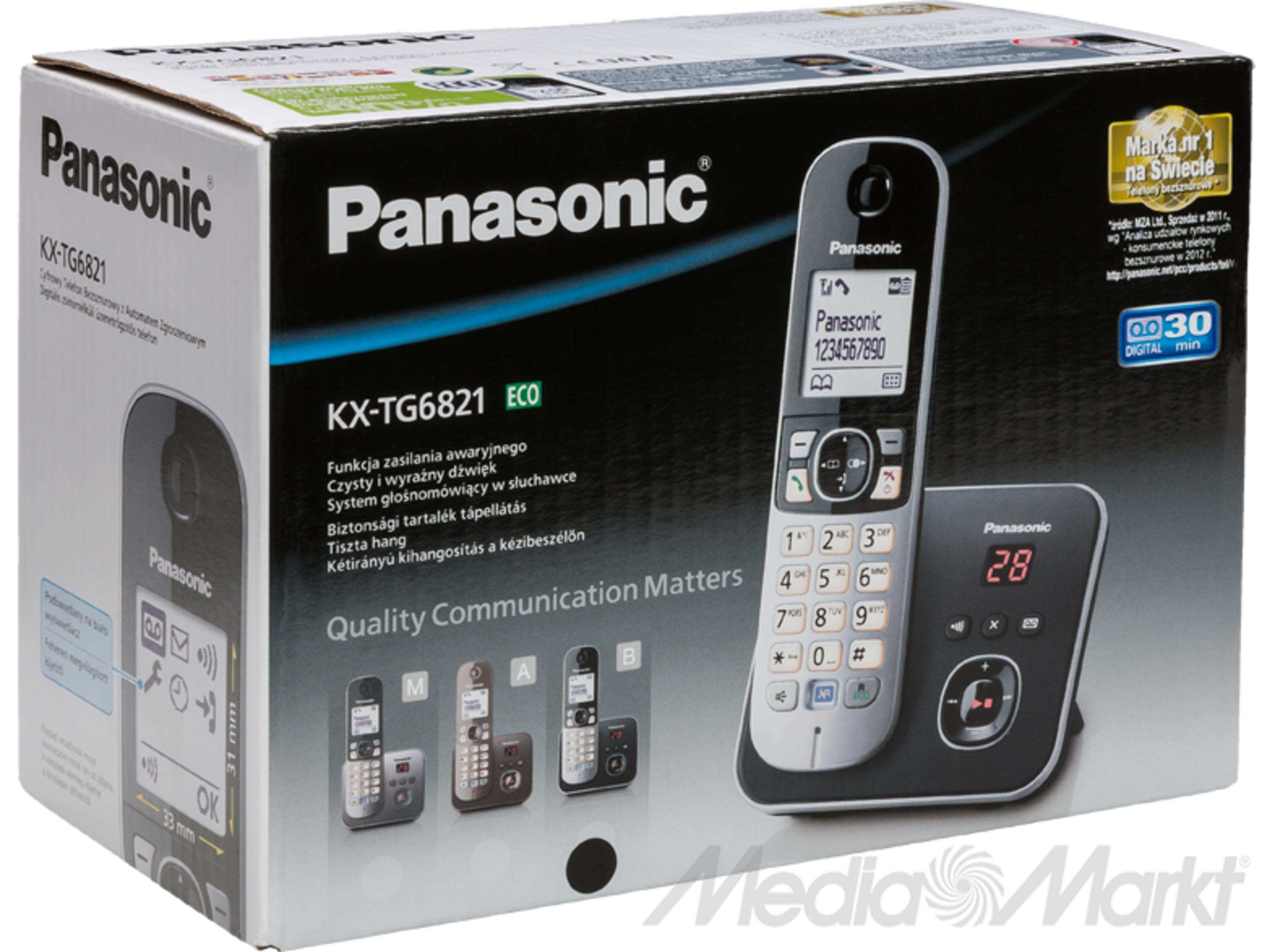 Confezione di un telefono cordless Panasonic KX-TG6821 con base e ricevitore.