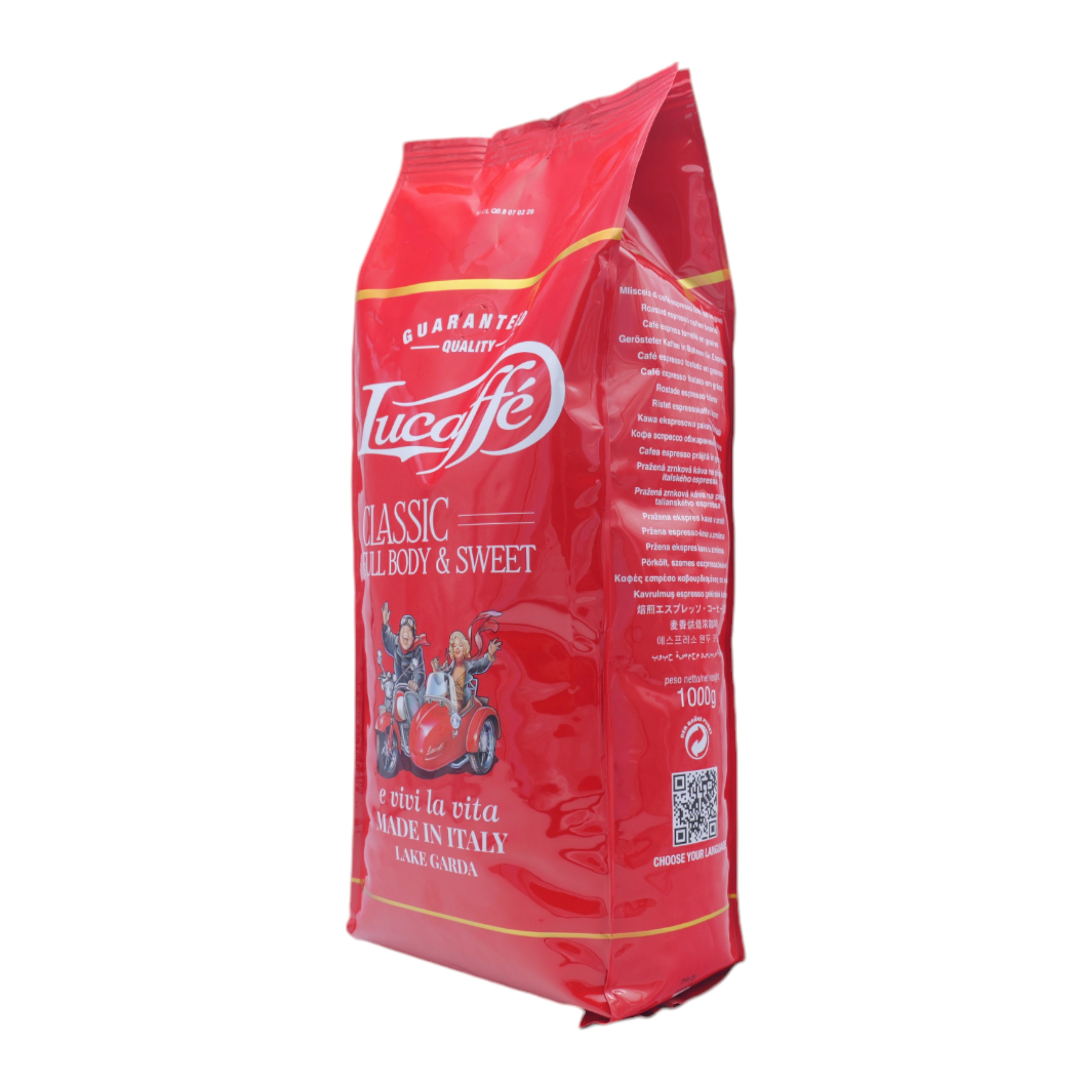 Eine rote Kaffeetüte von Lucaffé Classic, 1000g, mit weißem Logo und einer Abbildung eines roten Motorrads mit Beiwagen.