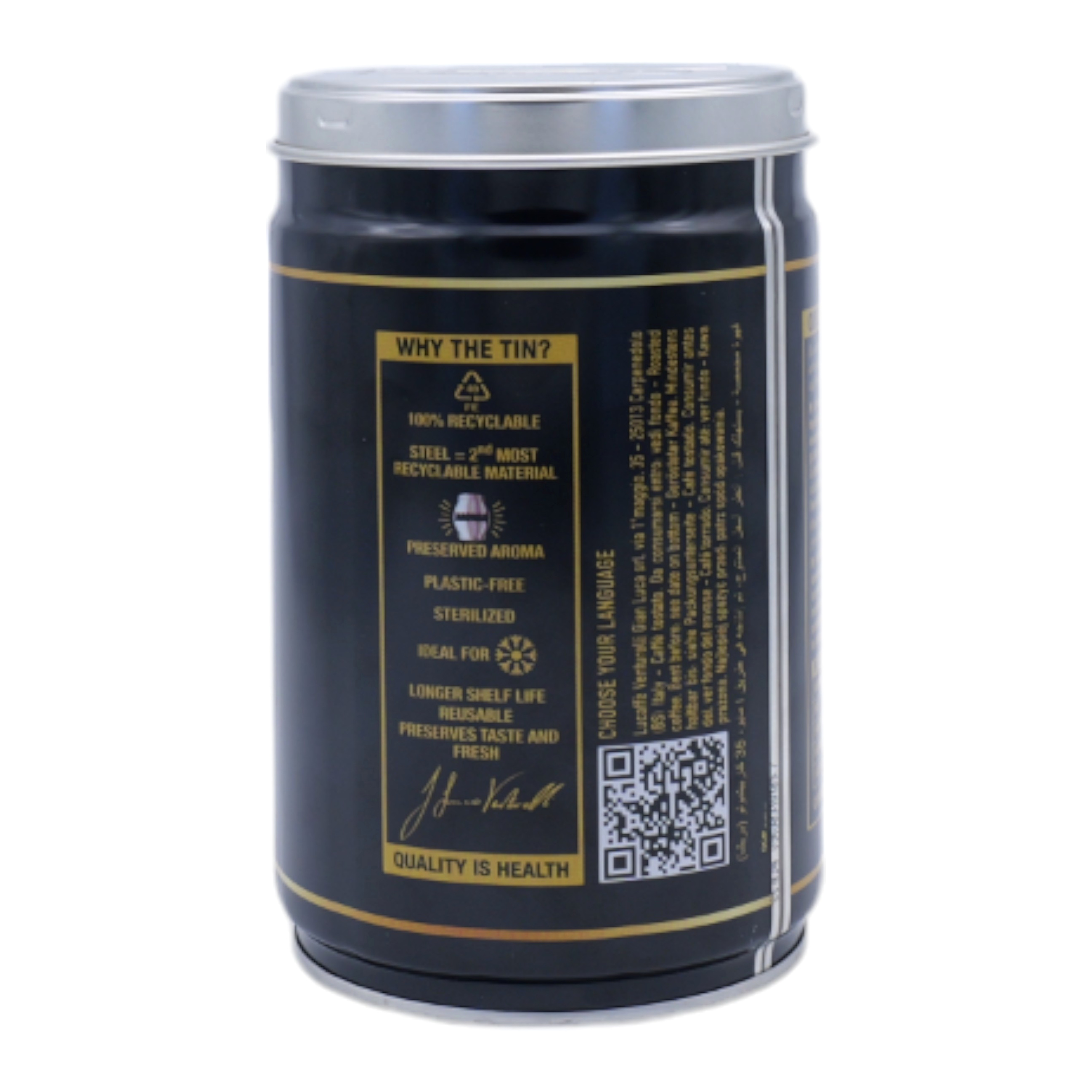 Eine schwarze Kaffeedose mit goldenem Text, silbernem Deckel und recyclingfähigen Infos auf weißem Hintergrund.