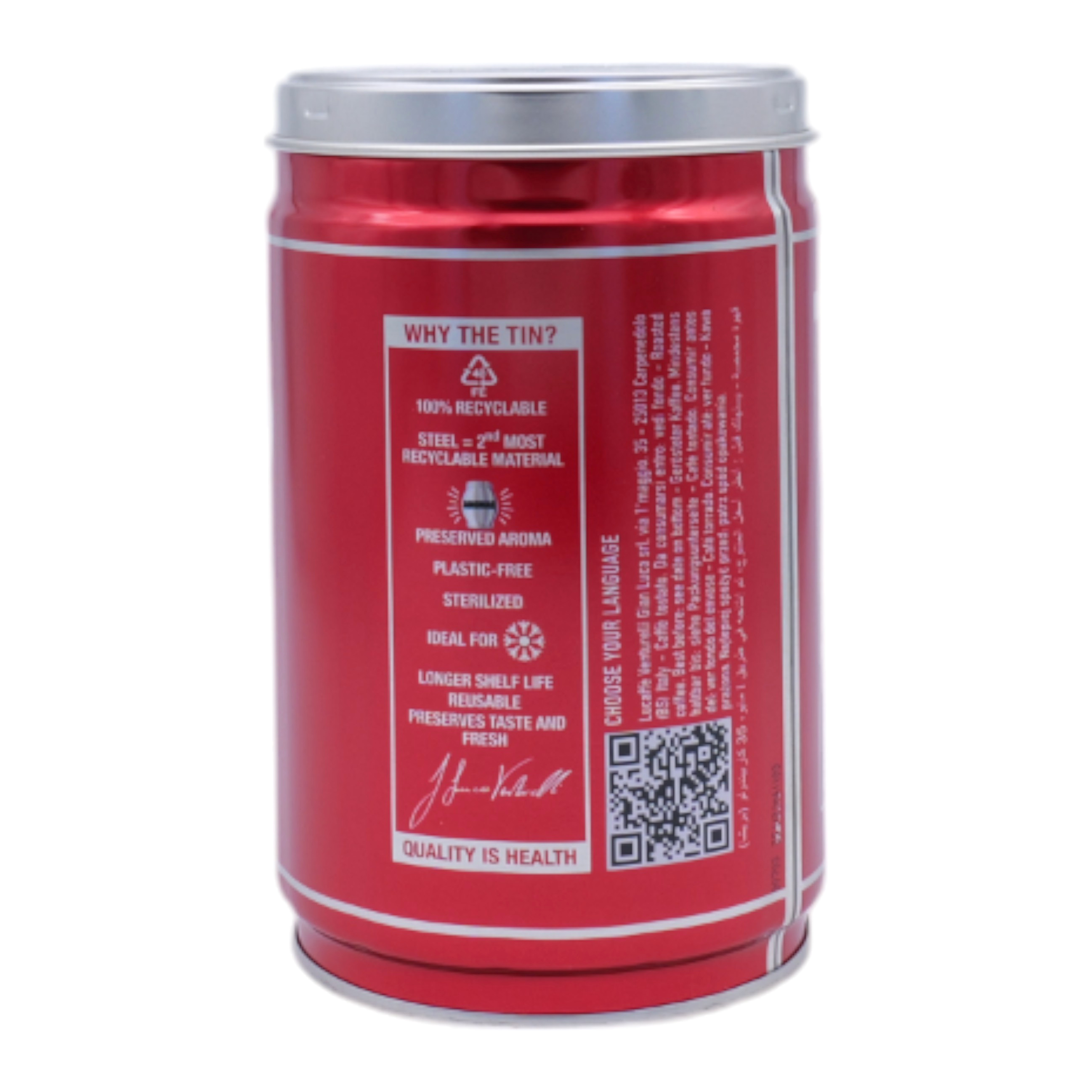 Rote zylindrische Kaffeedose aus Metall mit weißem Text und QR-Code, silbriger Deckel auf weißem Hintergrund.