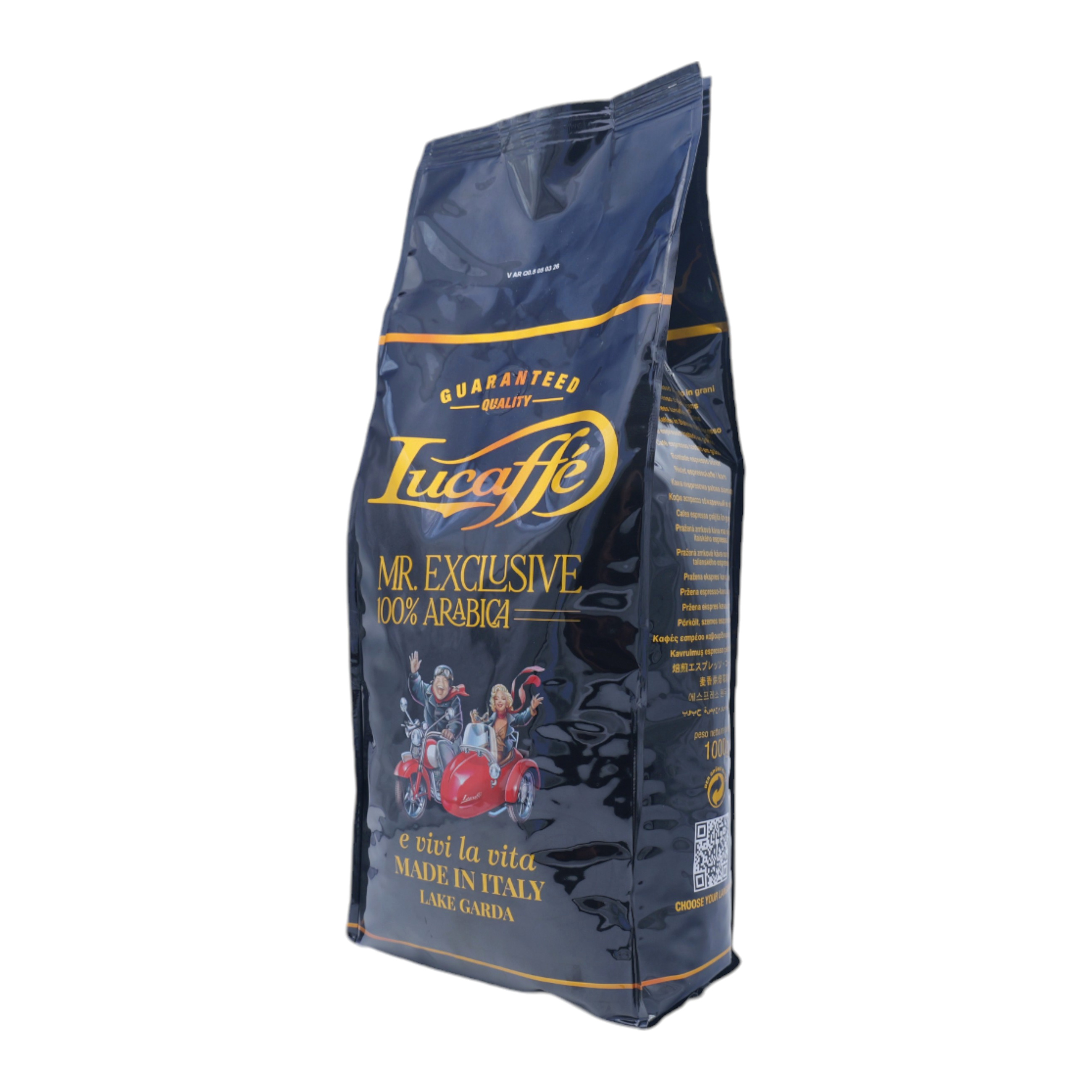 Schwarze Lucaffé Kaffeetüte mit goldenem Logo, 100% Arabica, und einem Motiv mit Personen in einem roten Motorrad.