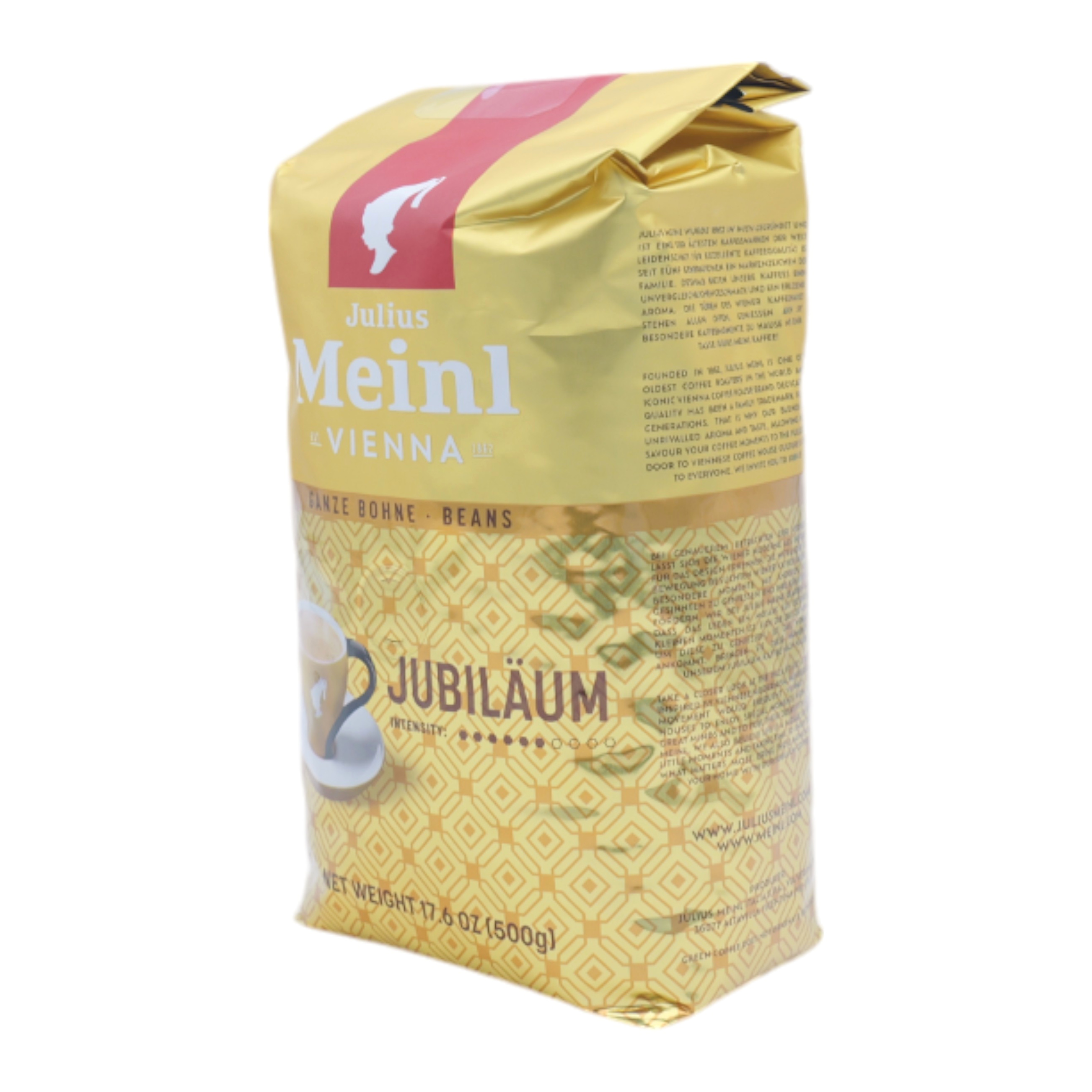 Goldene Julius Meinl Jubiläum Kaffeebohnenverpackung mit rotem Band und Tassenillustration.