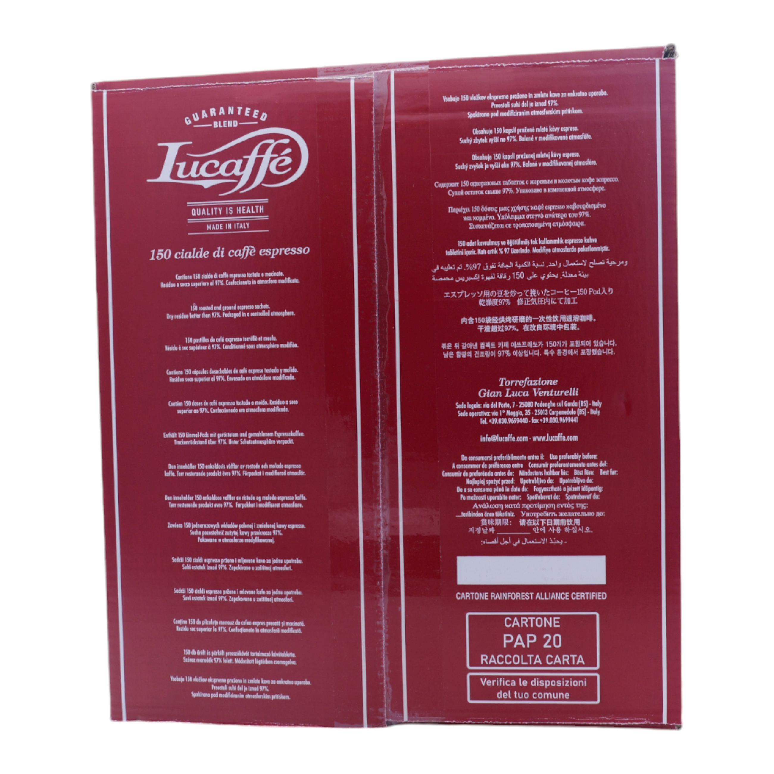 Scatola di caffè espresso Lucaffé rossa con logo bianco e testo multilingue.