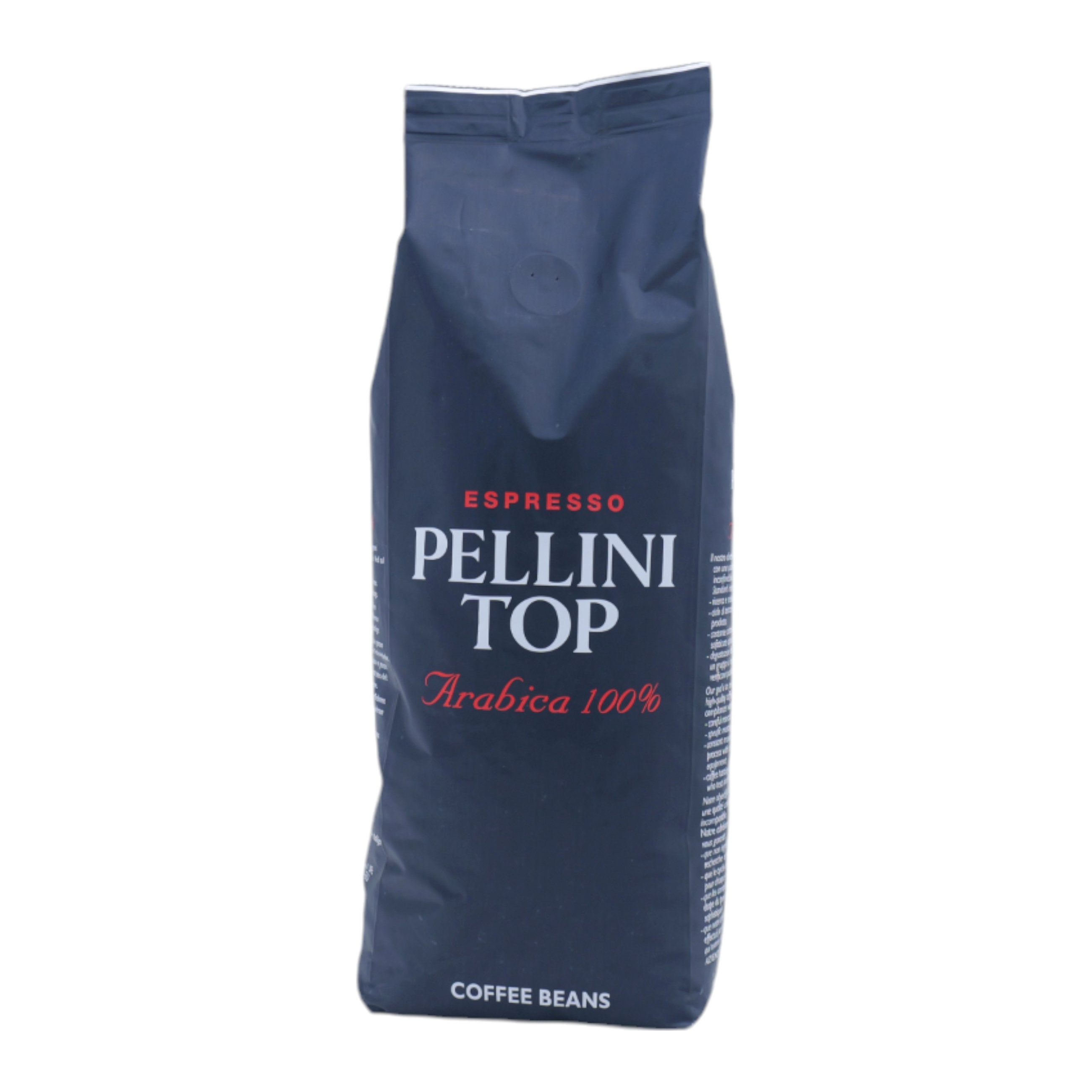 Confezione di caffè in grani Pellini Top espresso blu scuro con scritte bianche e rosse.