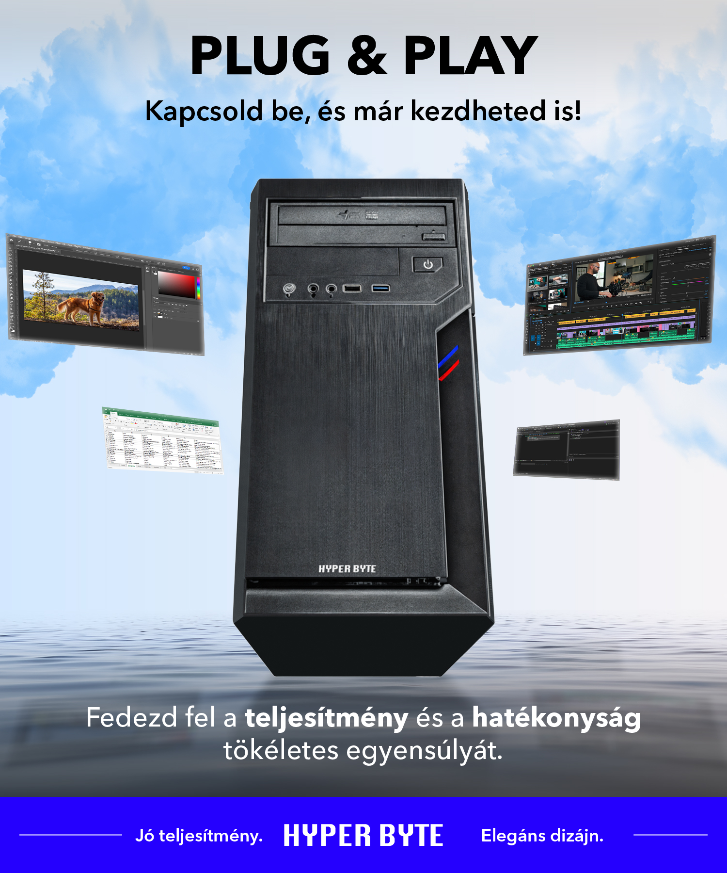 Egy fekete Hyper Byte számítógép vízen áll kék ég alatt, lebegő szoftverablakok gyűrűjében.