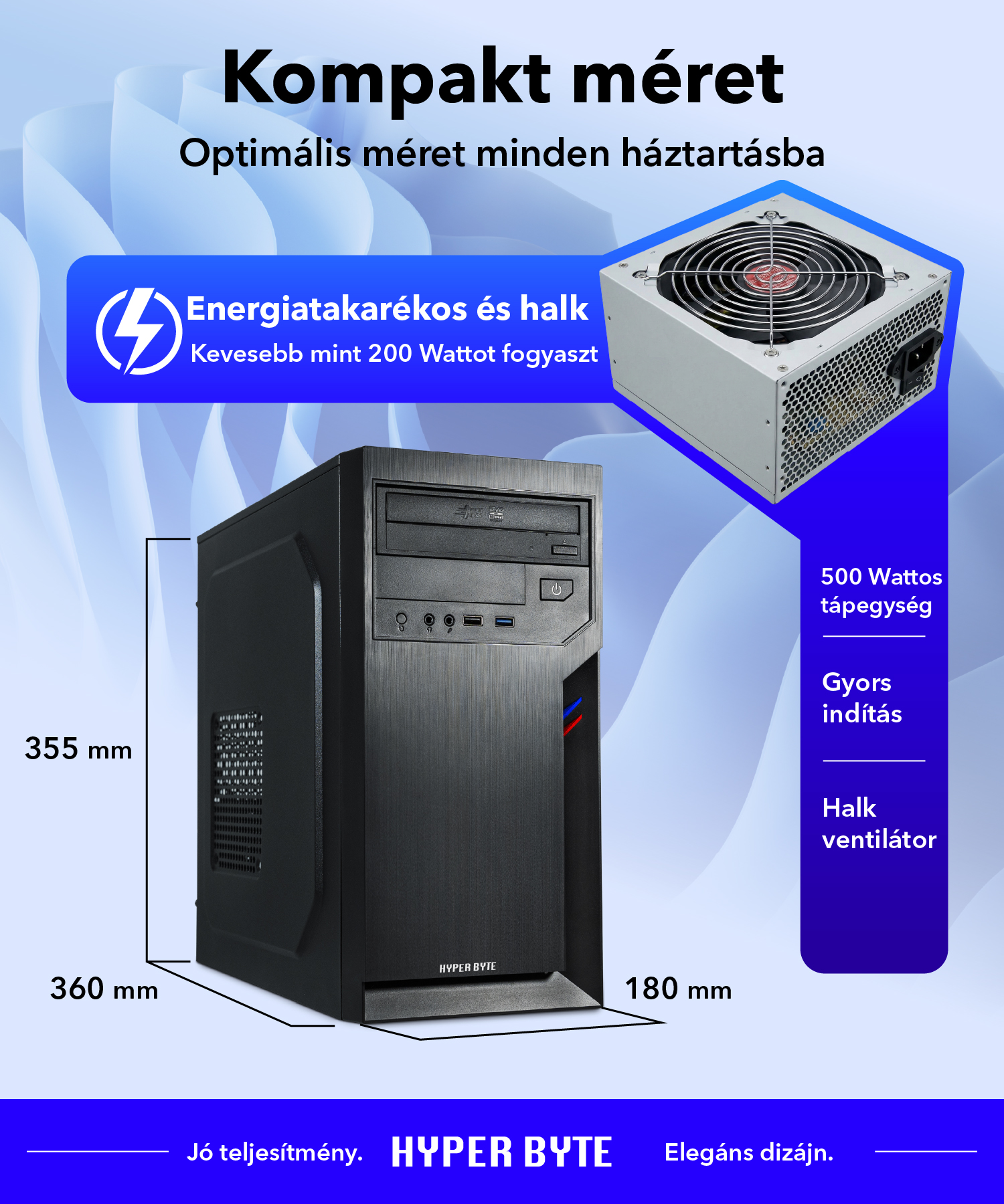 Inforajz egy kompakt, fekete Hyper Byte PC-ről, méretekkel, tápegységgel és kék sávokkal.