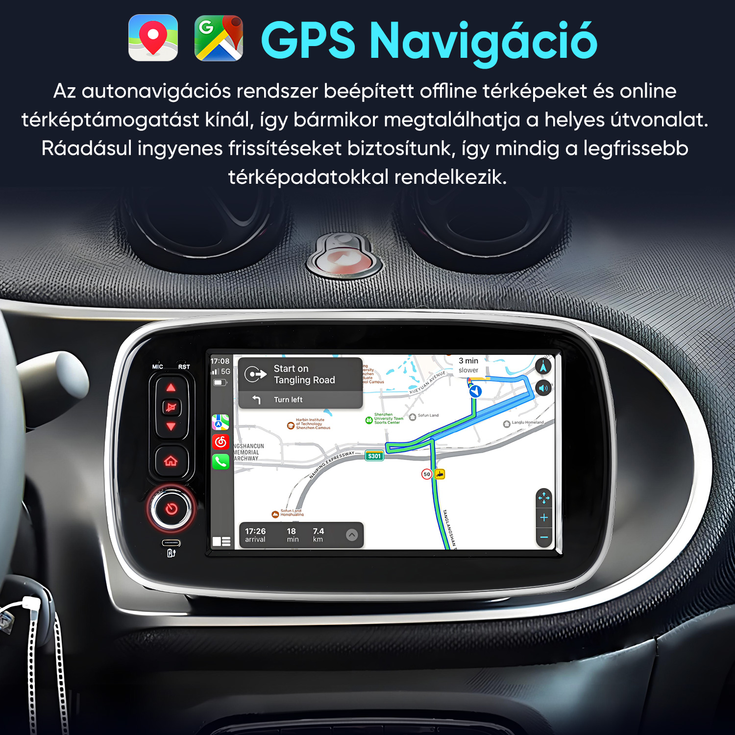 GPS navigáció az autó érintőképernyőjén térképpel.