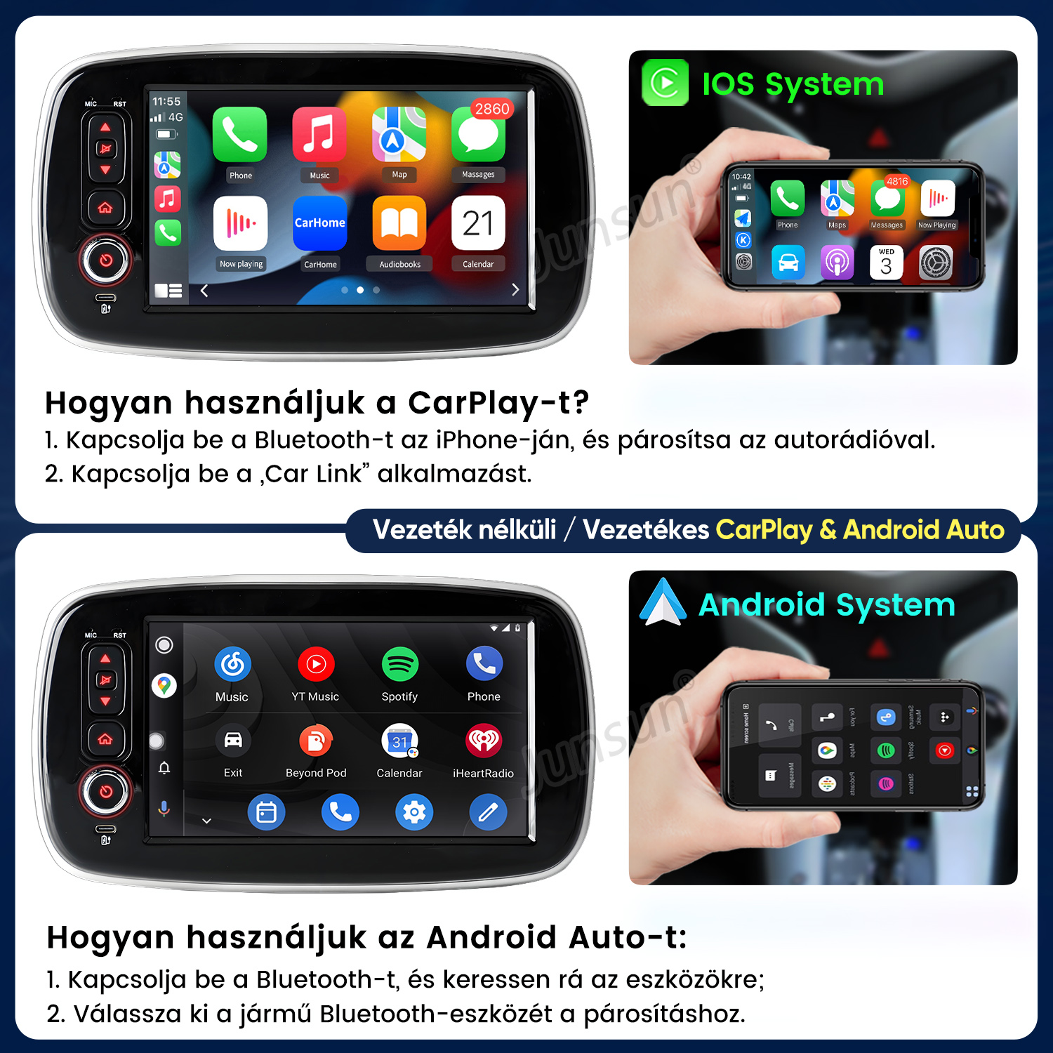Utasítások a CarPlay és az Android Auto használatához autórádión, csatlakoztatott okostelefonokkal.