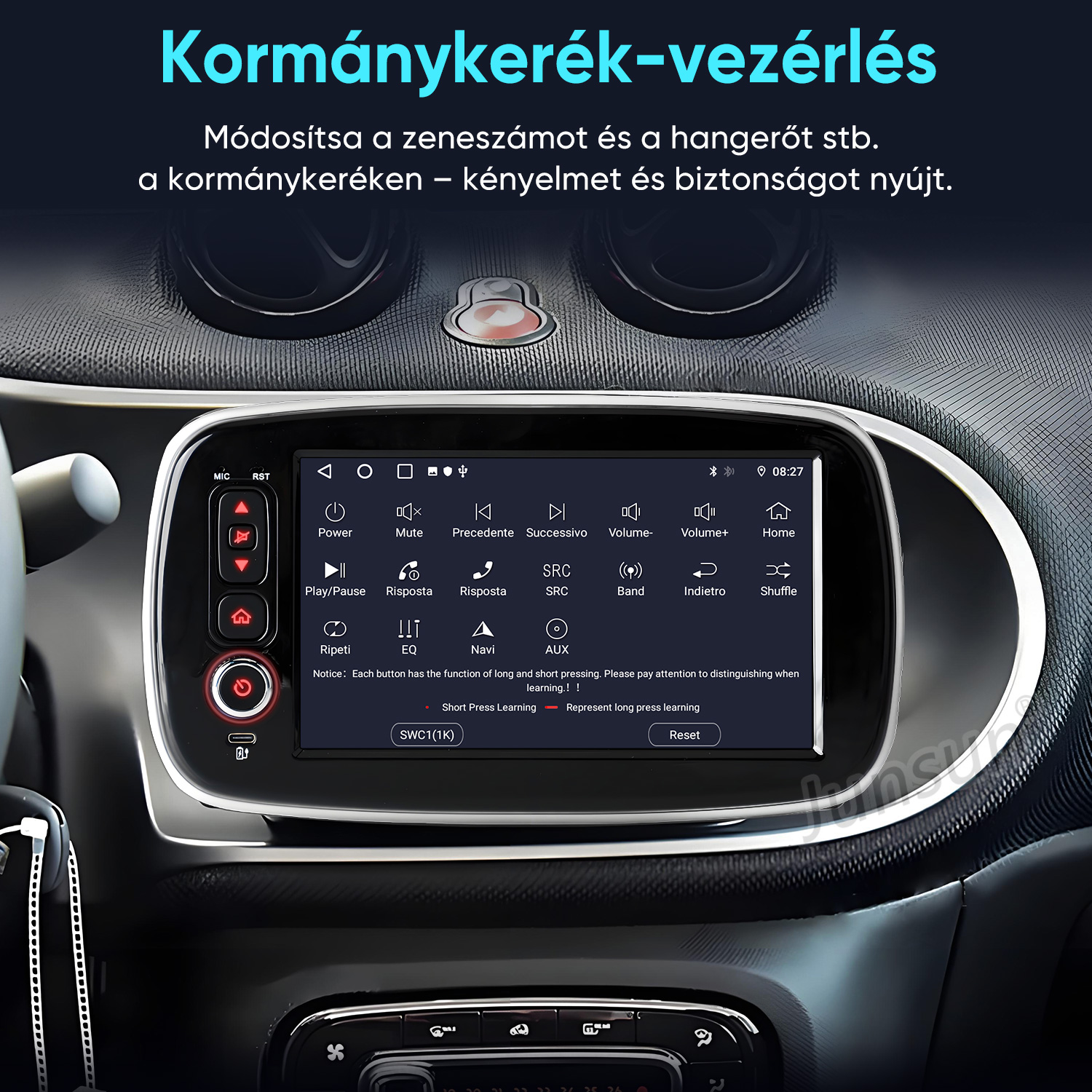 Autó belső tere érintőképernyős kijelzővel a középkonzolon és magyar szöveggel fent.