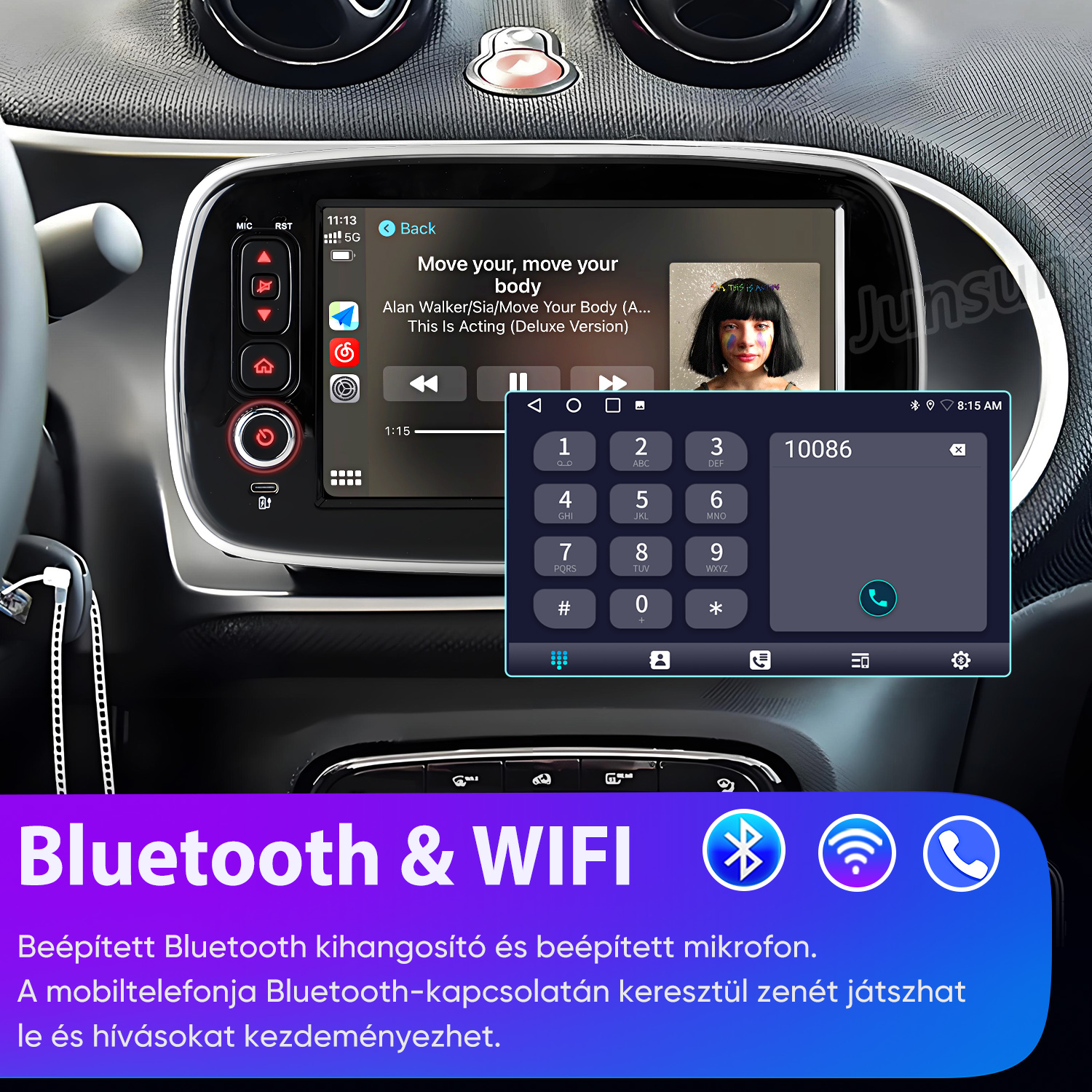 Autó kijelző Bluetooth, Wi-Fi, zenelejátszó és hívóbillentyűzet funkcióval.