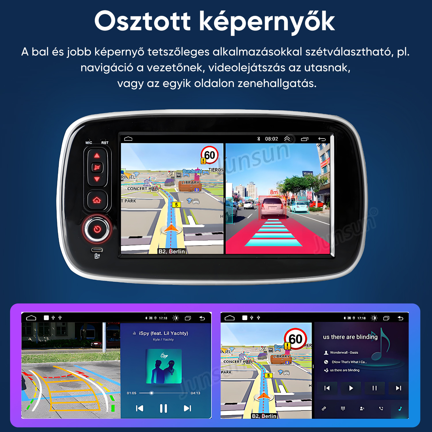 Autós multimédia rendszer osztott képernyővel, navigációval és kamerával.