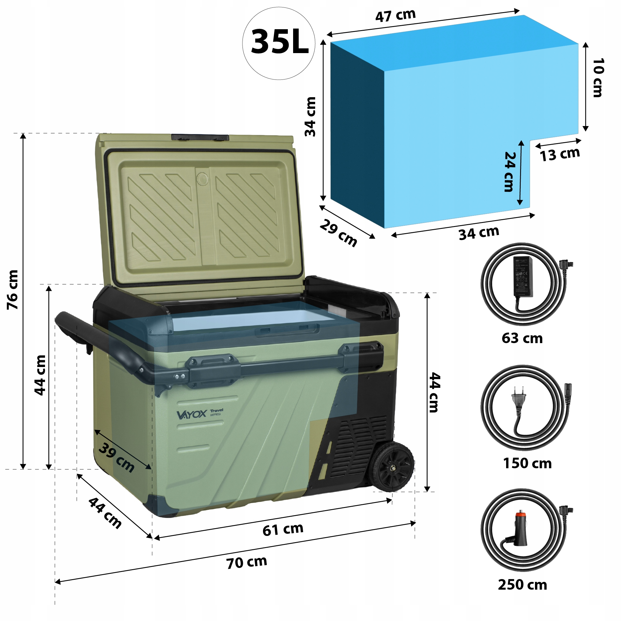 Lodówka turystyczna kompresorowa VAYOX VA-TW37, 35L DC12/24V AC 220-240V, kółka + bateria do lodówki Zielony