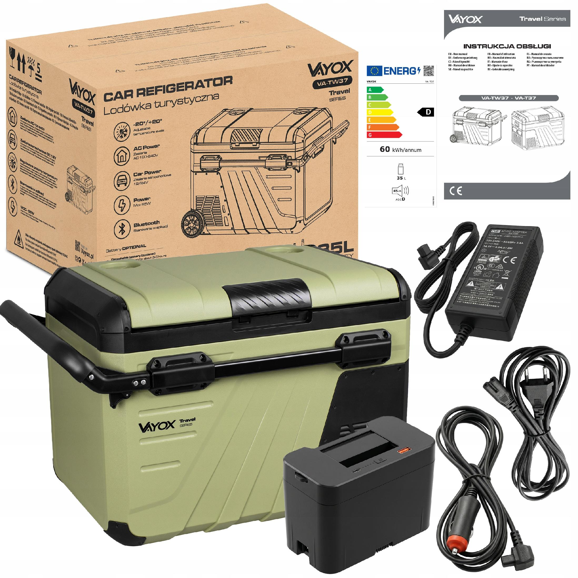 Lodówka turystyczna kompresorowa VAYOX VA-TW37, 35L DC12/24V AC 220-240V, kółka + bateria do lodówki Zielony