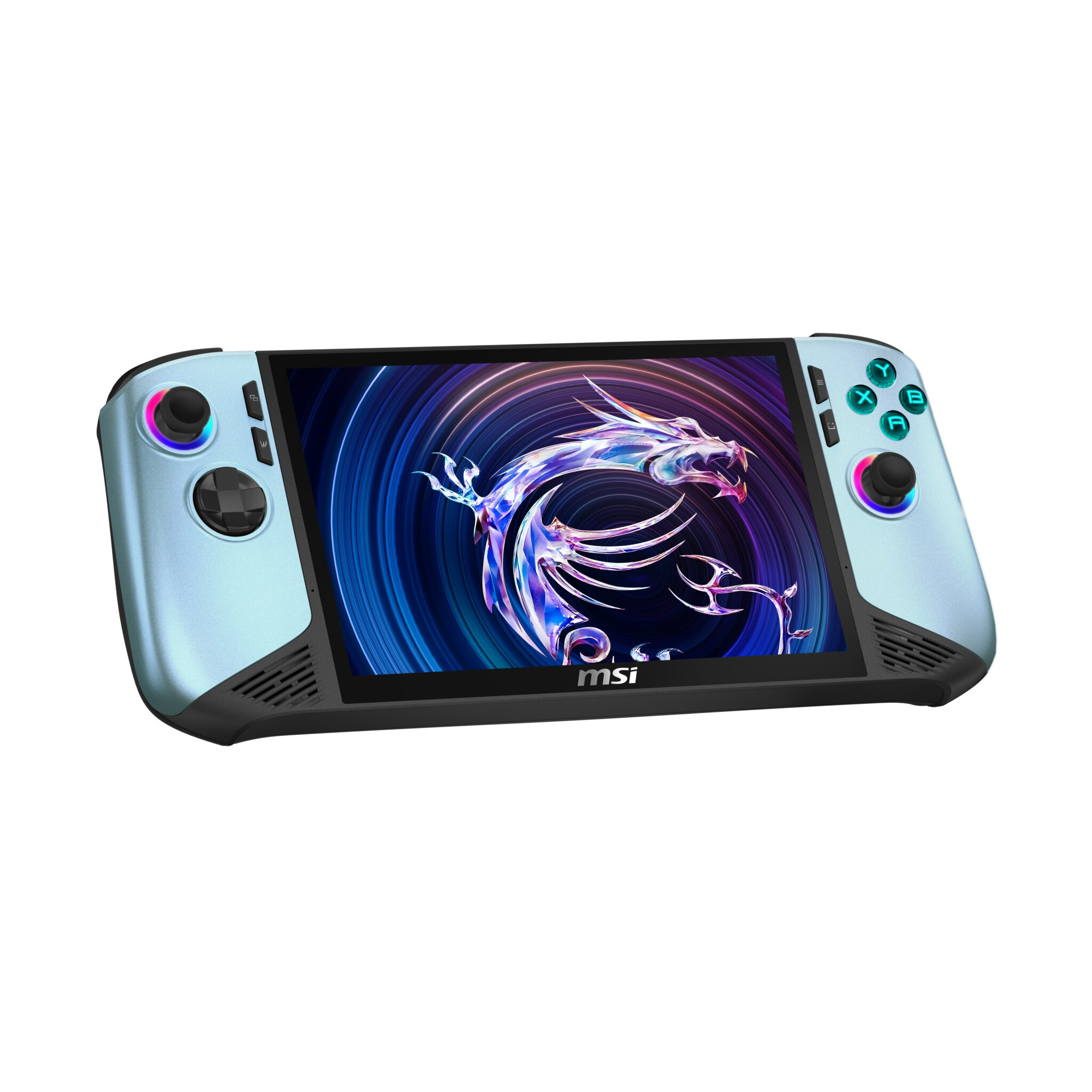 Console di gioco portatile MSI con custodia blu e grafica colorata del drago sullo schermo.