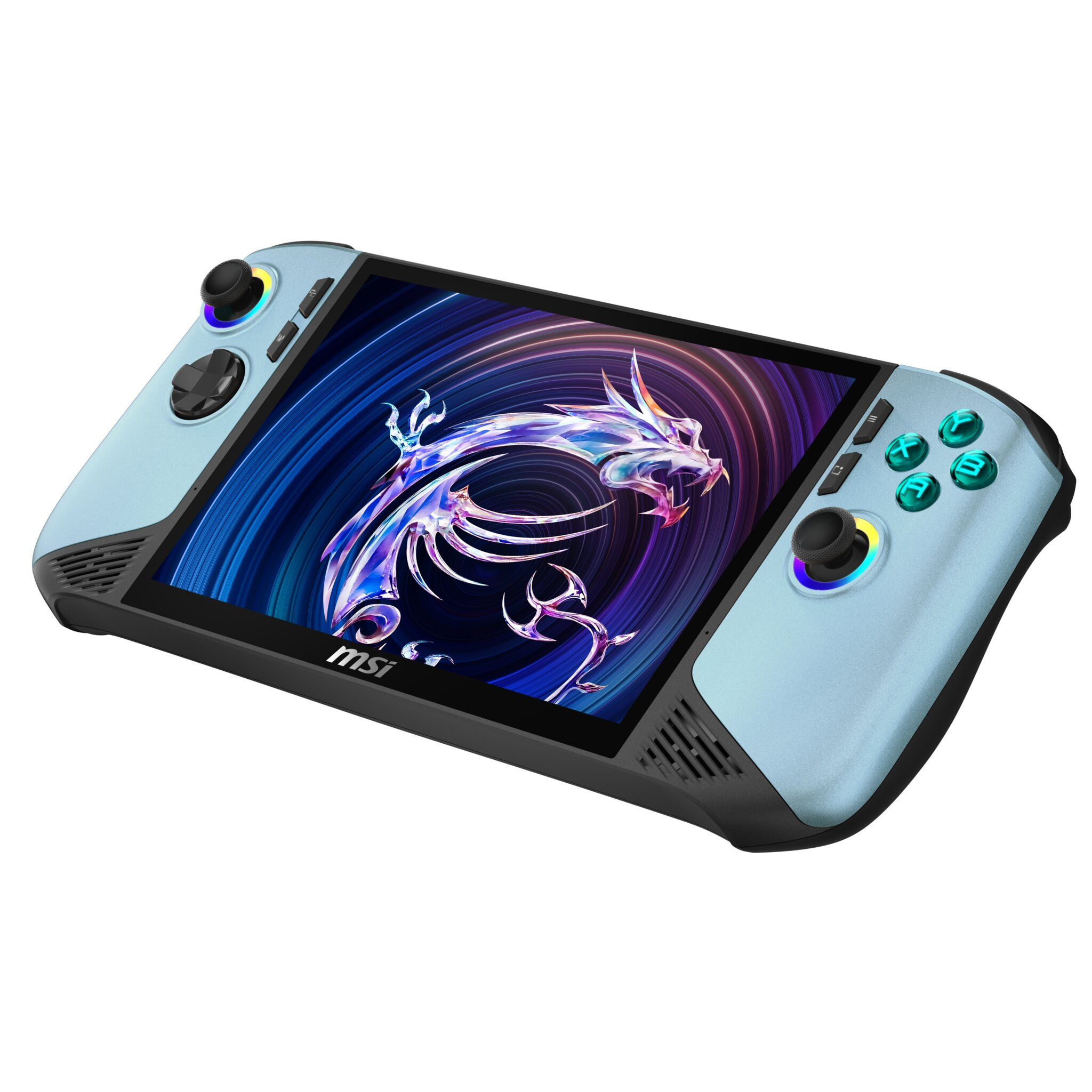 Console di gioco portatile MSI azzurra con dettagli neri e schermo con drago colorato.