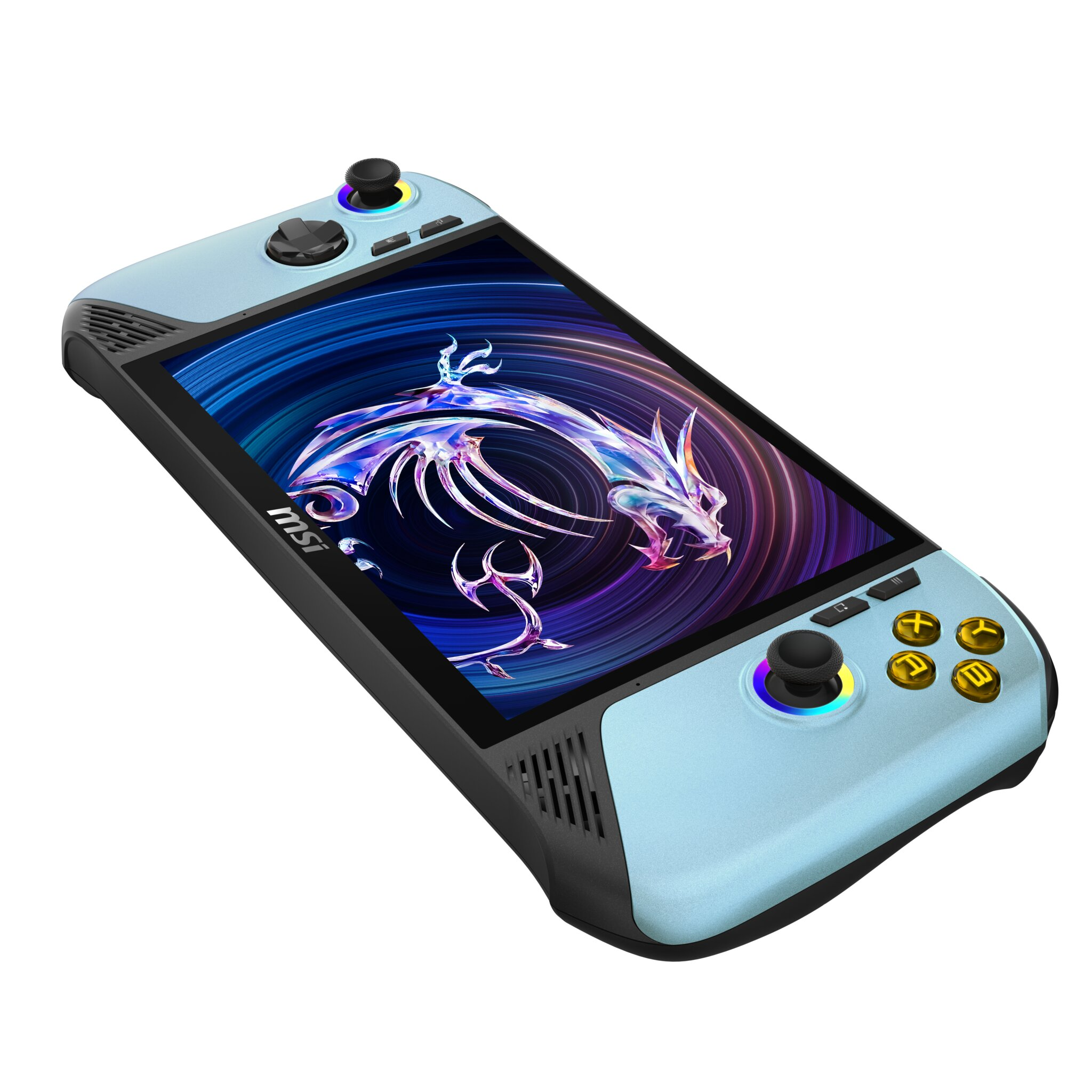 Console di gioco portatile con corpo blu, joystick, pulsanti gialli e logo del drago sullo schermo.