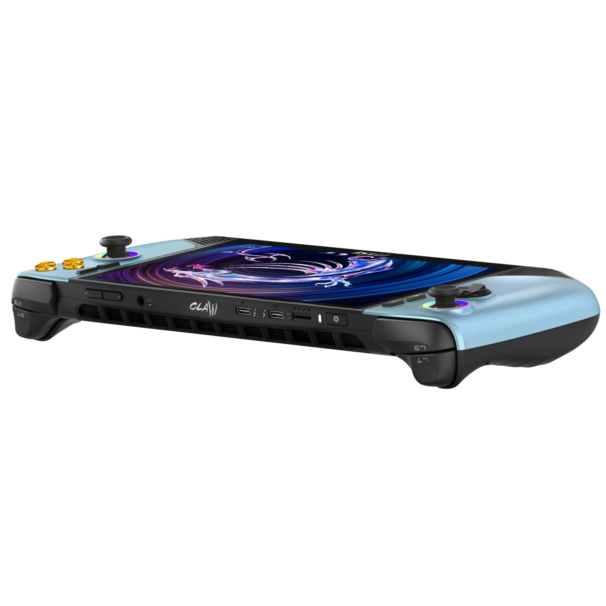 Console di gioco portatile blu e nera con display, joystick e pulsanti su sfondo bianco.