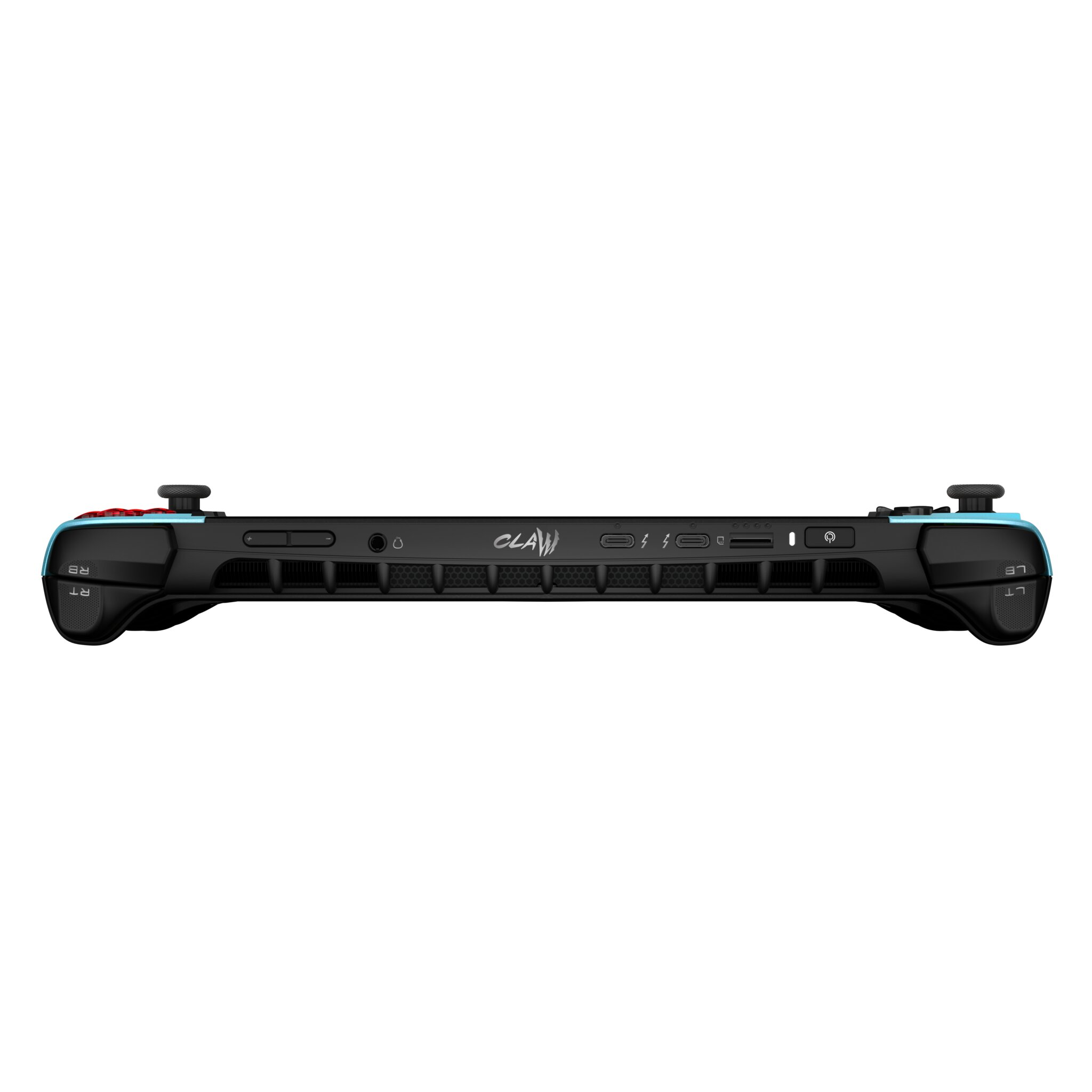 Bordo superiore di una console di gioco portatile nera con porte, griglie, pulsanti e la scritta CLAW al centro.