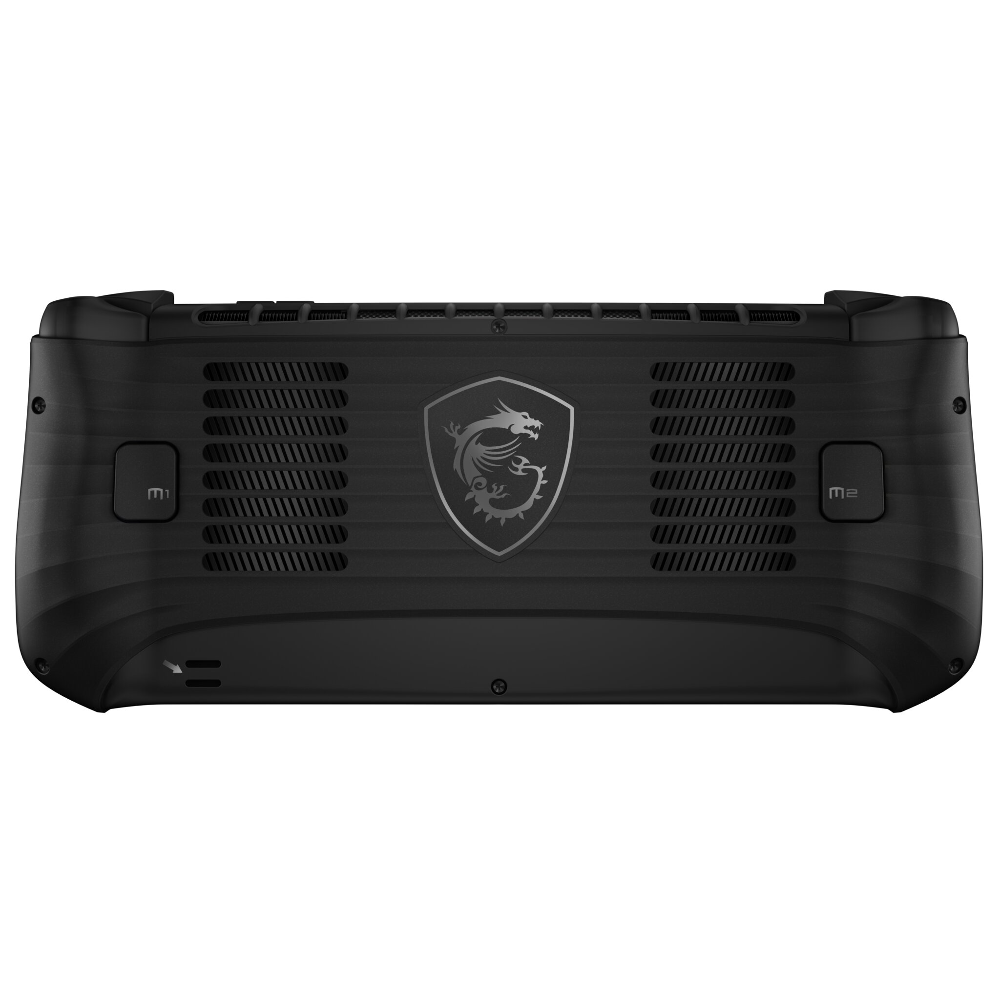 Retro di una console di gioco portatile MSI nera con un logo drago al centro e due pulsanti macro.