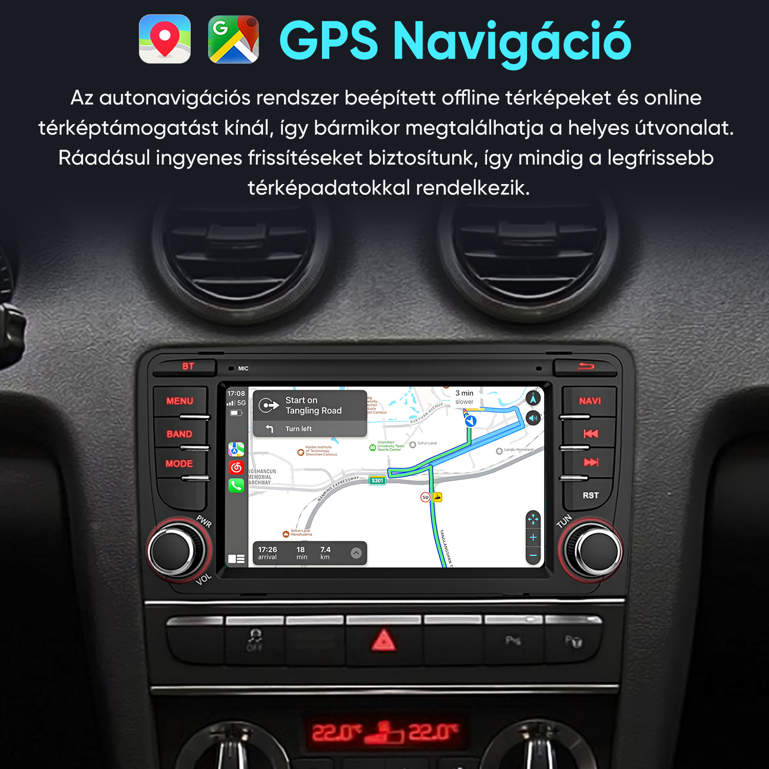 Az autórádió kijelzőjén GPS-navigáció és útvonaltérkép látható.