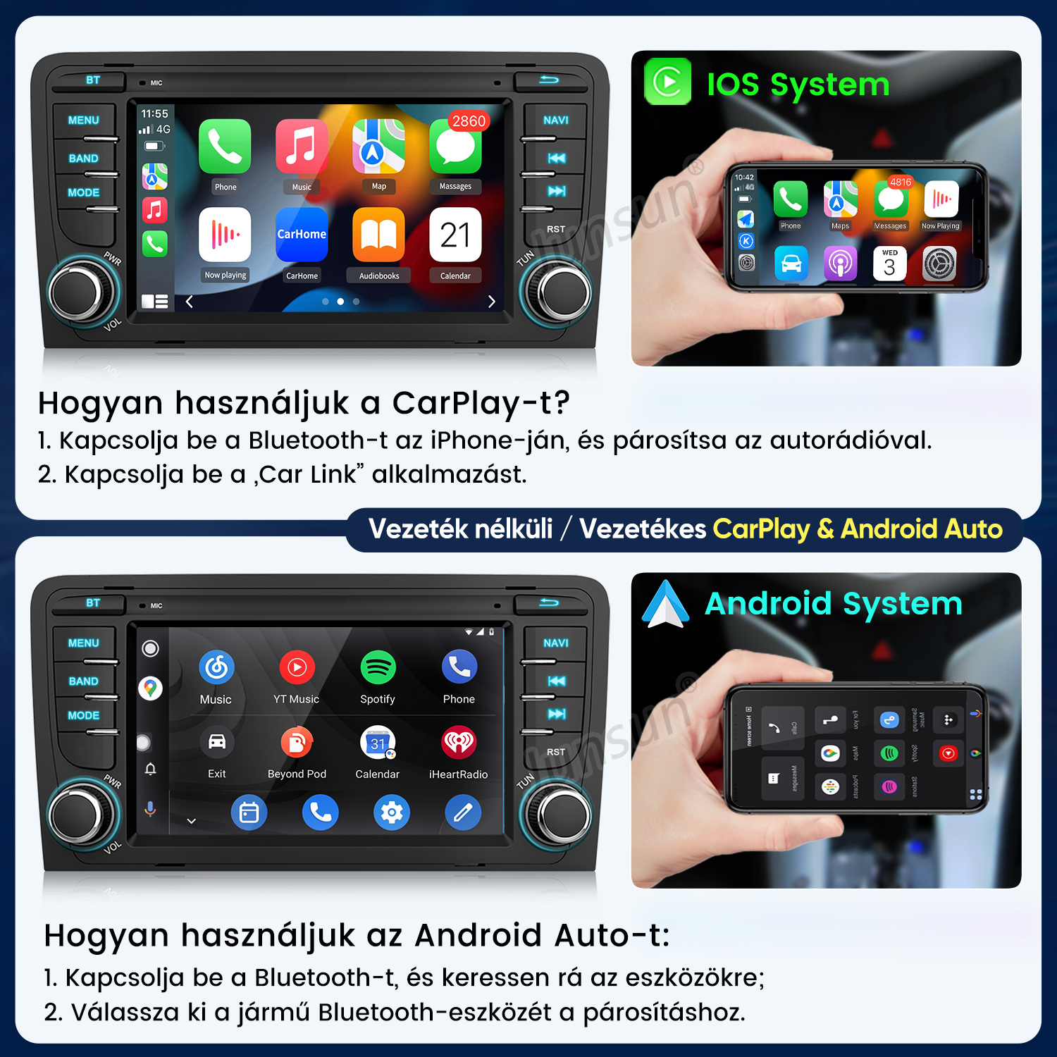 Útmutató a CarPlay és az Android Auto használatához autós rádiókon okostelefon-kapcsolattal.
