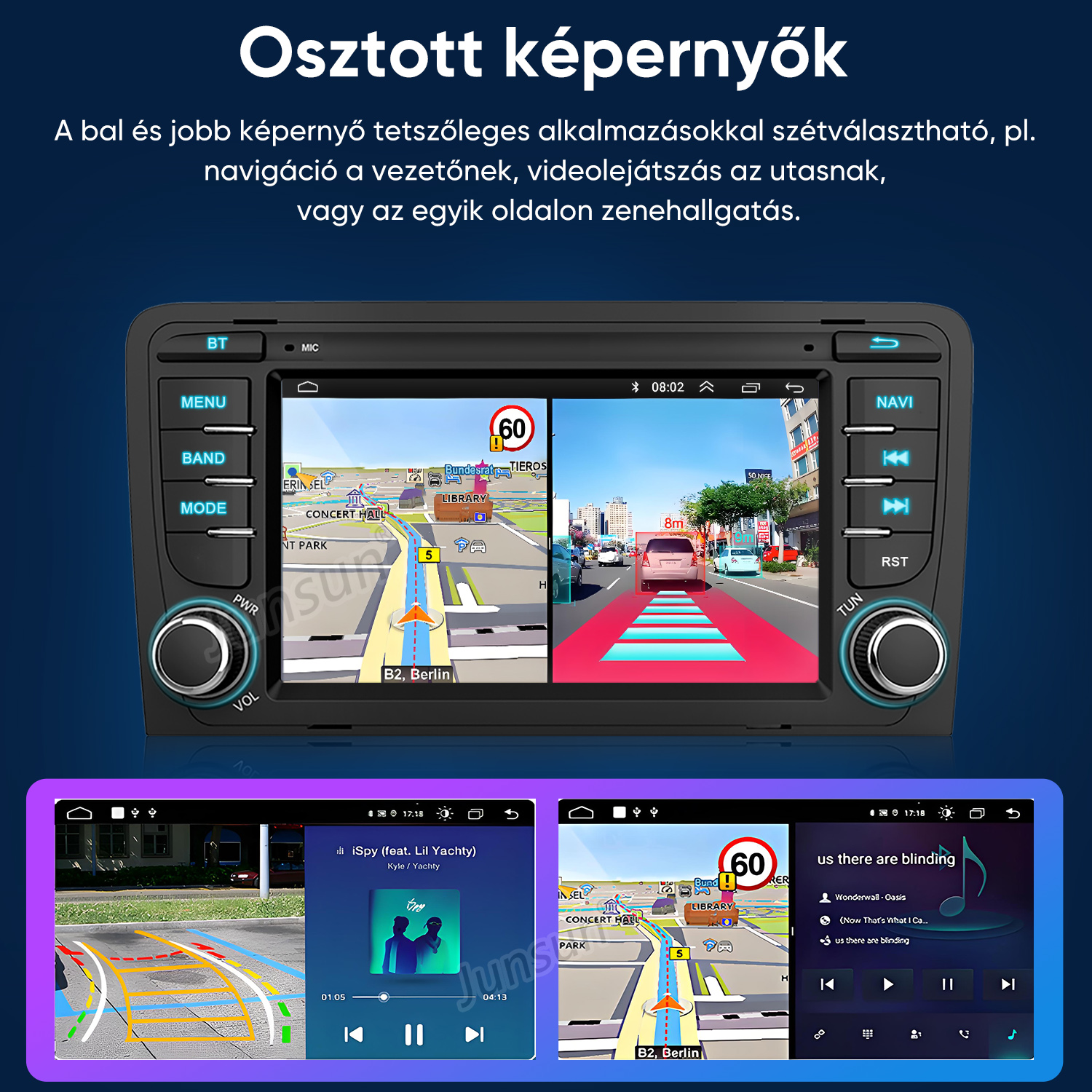 Osztott képernyős autórádió navigációval és zenelejátszóval.
