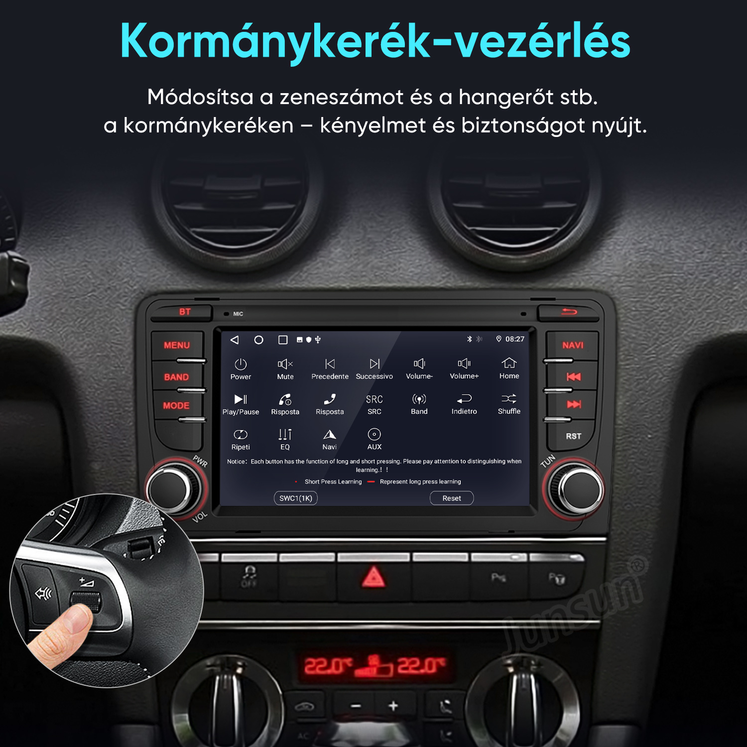 Autó belső multimédiás képernyővel, gombokkal és a kormánykerék-vezérlést mutató nagyítással.