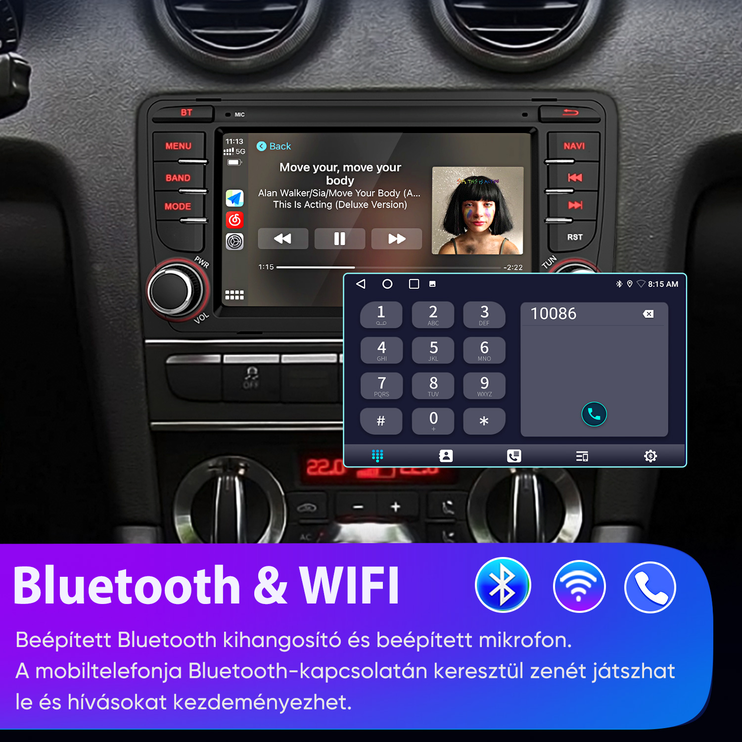 Érintőképernyős autórádió zenelejátszóval és billentyűzettel, Bluetooth-tal és Wi-Fi-vel.